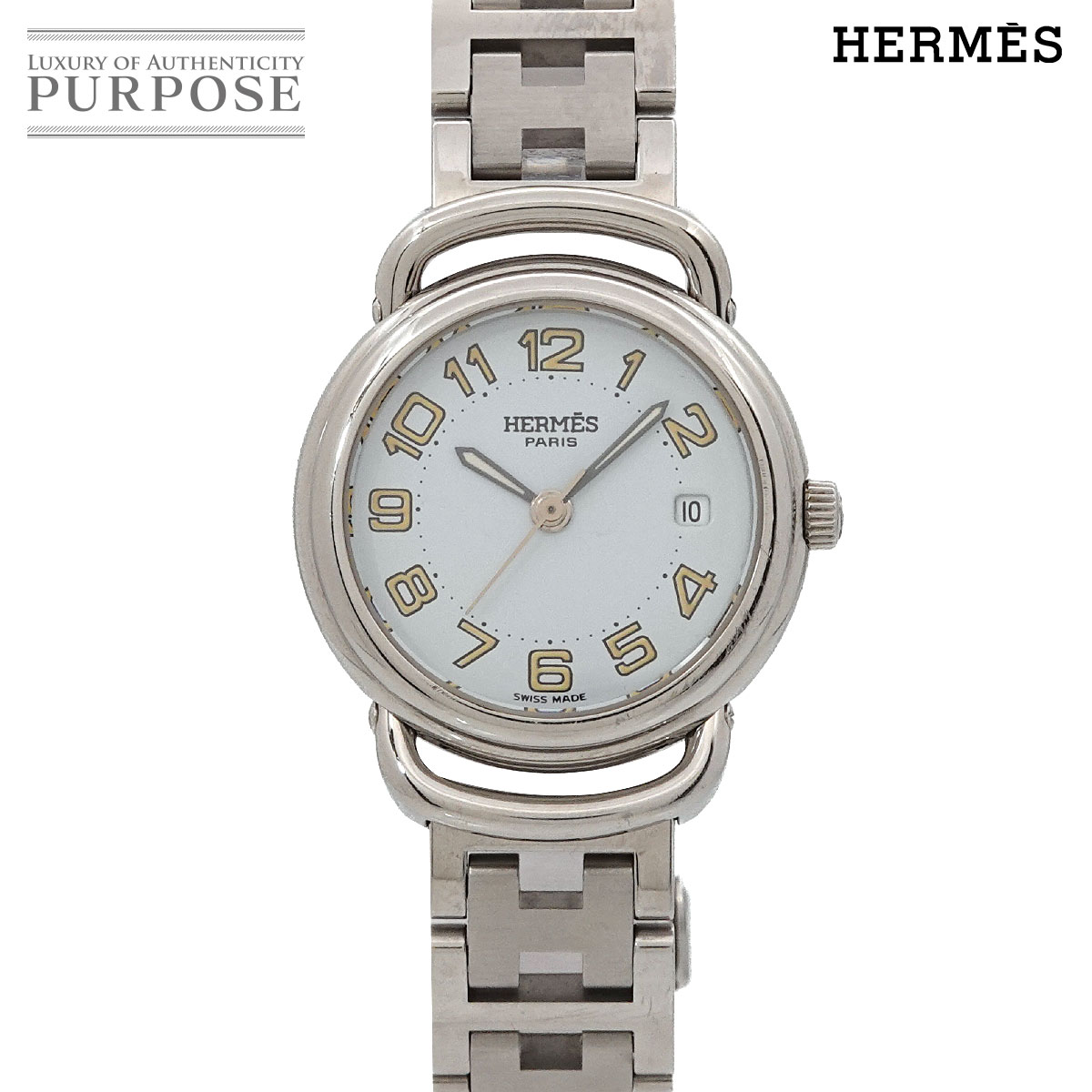 HERMES プルマン PU2 210 レディース 腕時計 デイト ホワイト クォーツ ウォッチ Pullman エルメス 90317519