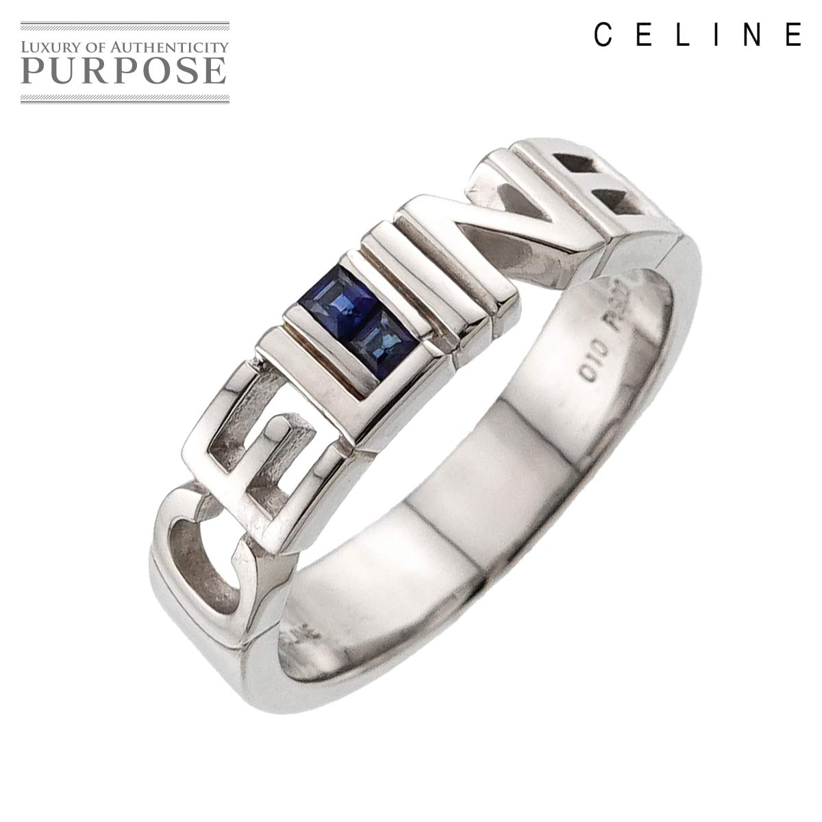 CELINE 12.5号 リング サファイヤ 0.10ct Pt プラチナ 指輪 ロゴ Sapphire Ring セリーヌ 90312892