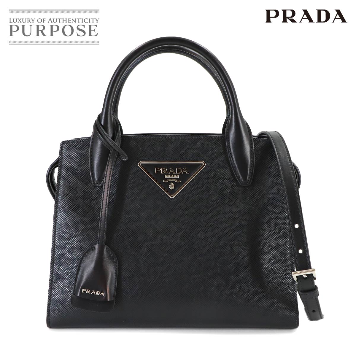 PRADA サフィアーノ 2way ハンド ショルダー バッグ レザー ネロ ブラック 1BA297 シルバー 金具 Hand Shoulder Bag プラダ 90314456