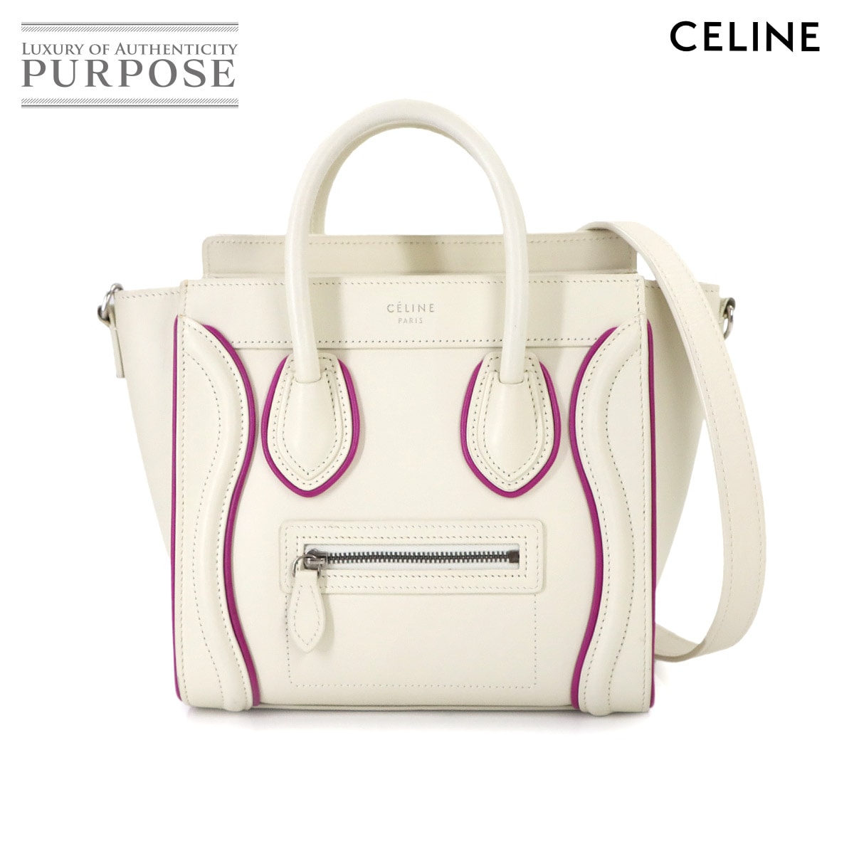 CELINE ラゲージ ナノショッパー 2way ハンド ショルダー バッグ レザー ホワイト ピンク シルバー 金具 Luggage Nano Shopper セリーヌ 90310993