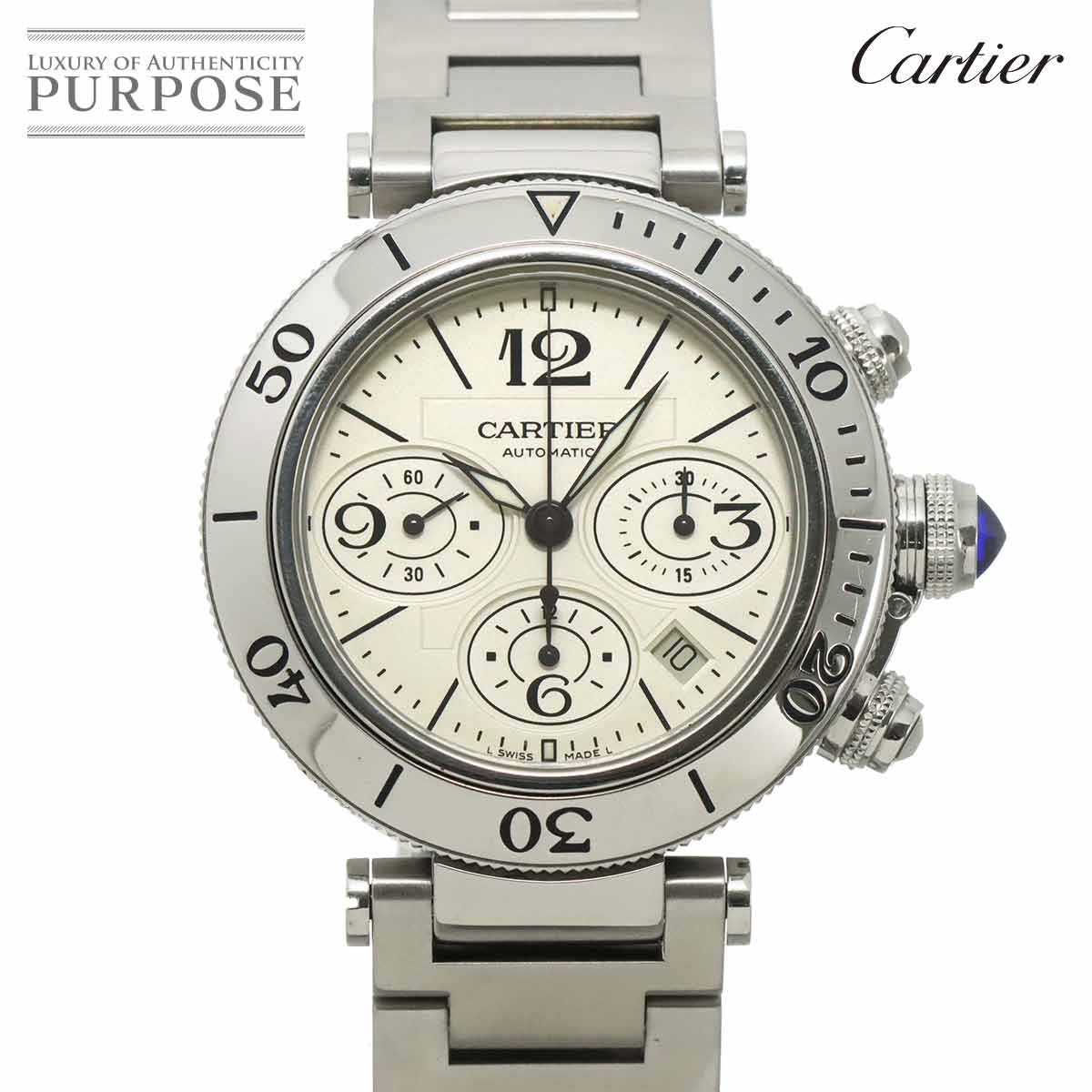 Cartier パシャ シータイマー クロノグラフ W31089M7 メンズ 腕時計 デイト シルバー オートマ 自動巻き ウォッチ Pasha Seatimer カルティエ 90316936