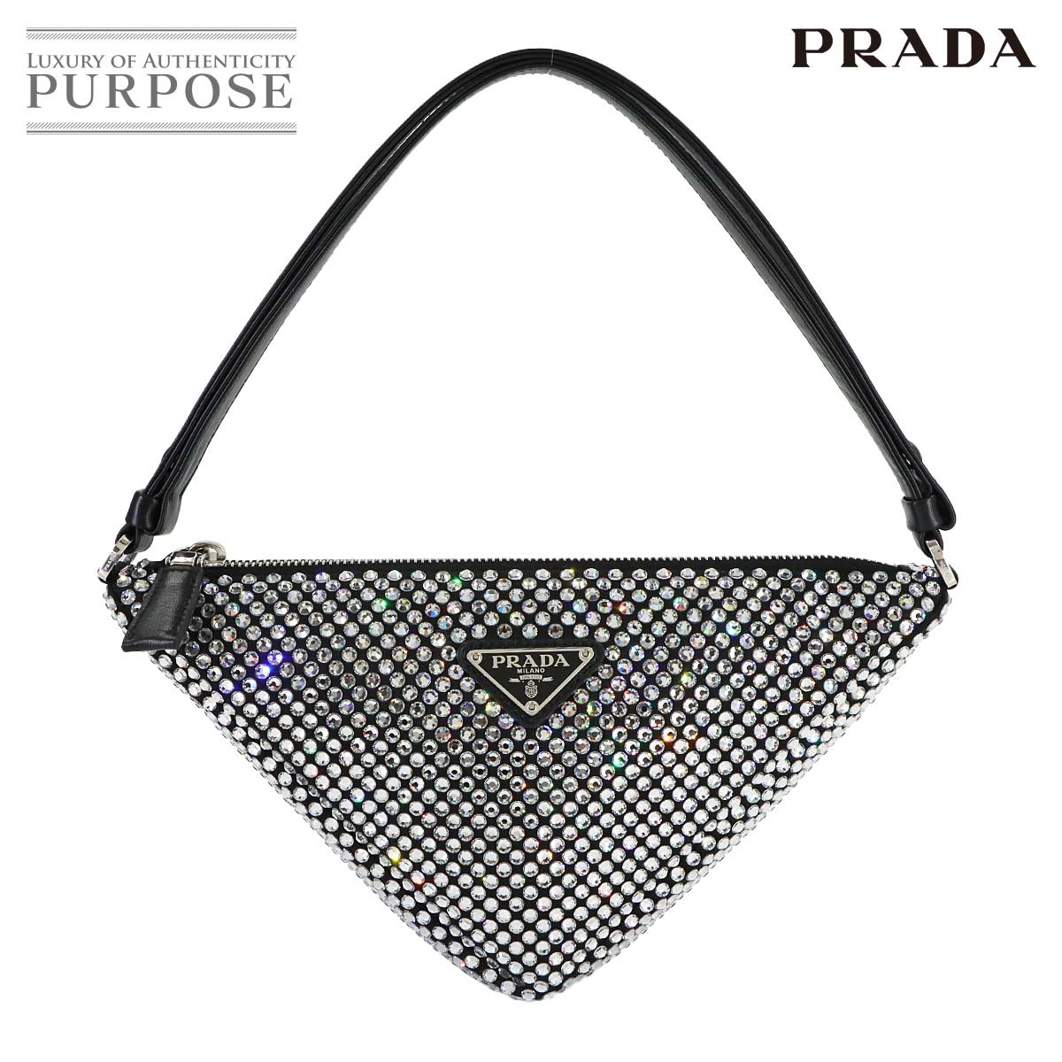 PRADA トライアングル ポーチ ショルダー バッグ サテン クリスタル レザー ブラック 1NQ044 シルバー 金具 Triangle Bag プラダ 90314430