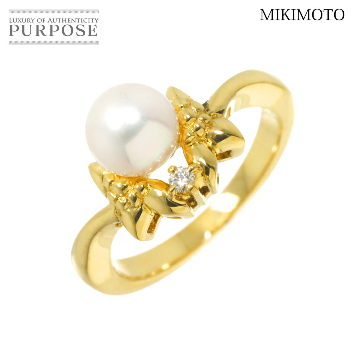 MIKIMOTO 9号 リング アコヤ真珠 6.4mm ダイヤ K18 YG イエローゴールド 750 パール 指輪 Akoya Pearl Ring 90315745