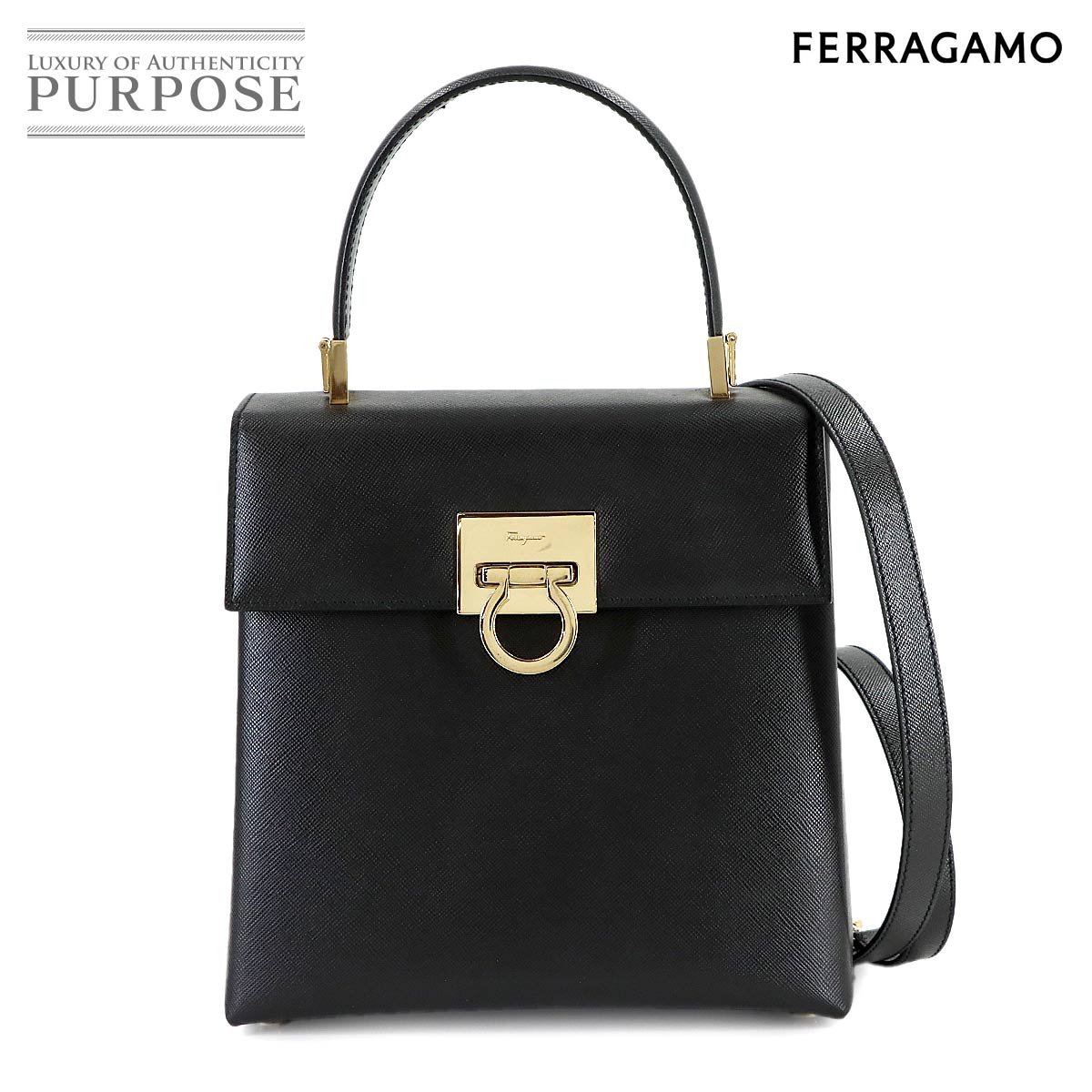 Salvatore Ferragamo ガンチーニ 2way ハンド ショルダー バッグ レザー ブラック 21 0160 Gancini Bag サルヴァトーレ フェラガモ 90315326