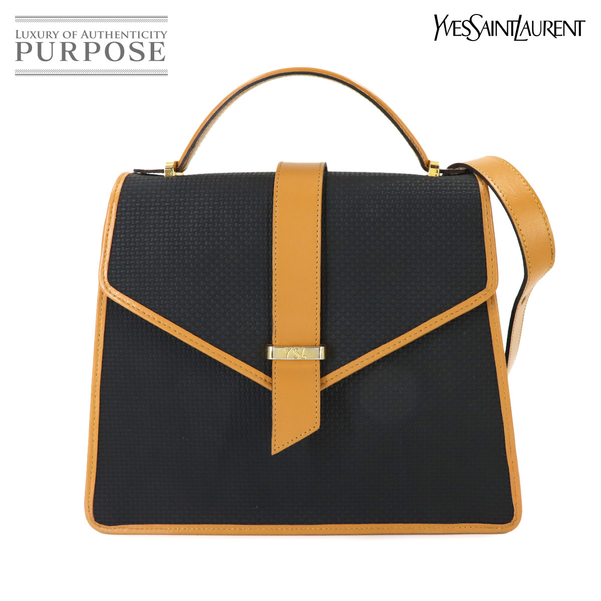 Yves Saint Laurent 2way ハンド ショルダー バッグ PVC レザー ブラック ブラウン ヴィンテージ ゴールド 金具 Hand Shoulder Bag イヴサンローラン 90316649
