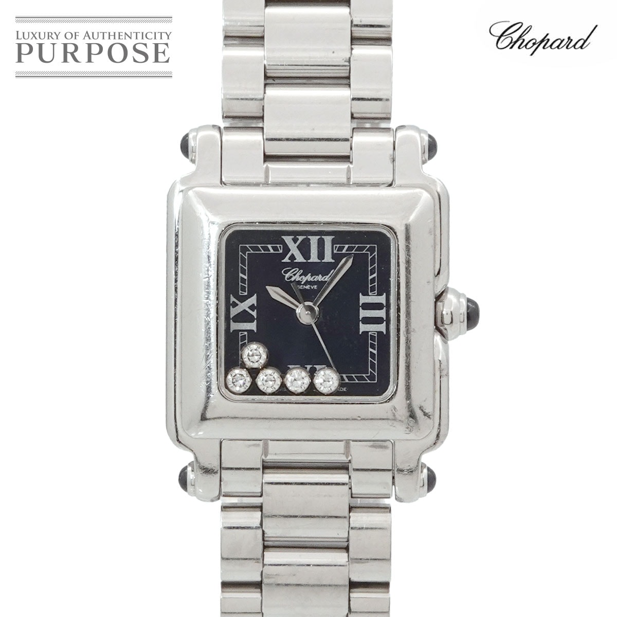 Chopard ハッピースポーツ スクエア ミニ 27/8893-23 ヴィンテージ レディース 腕時計 5P ダイヤ ブラック クォーツ ウォッチ Happy Sports ショパール 90318658