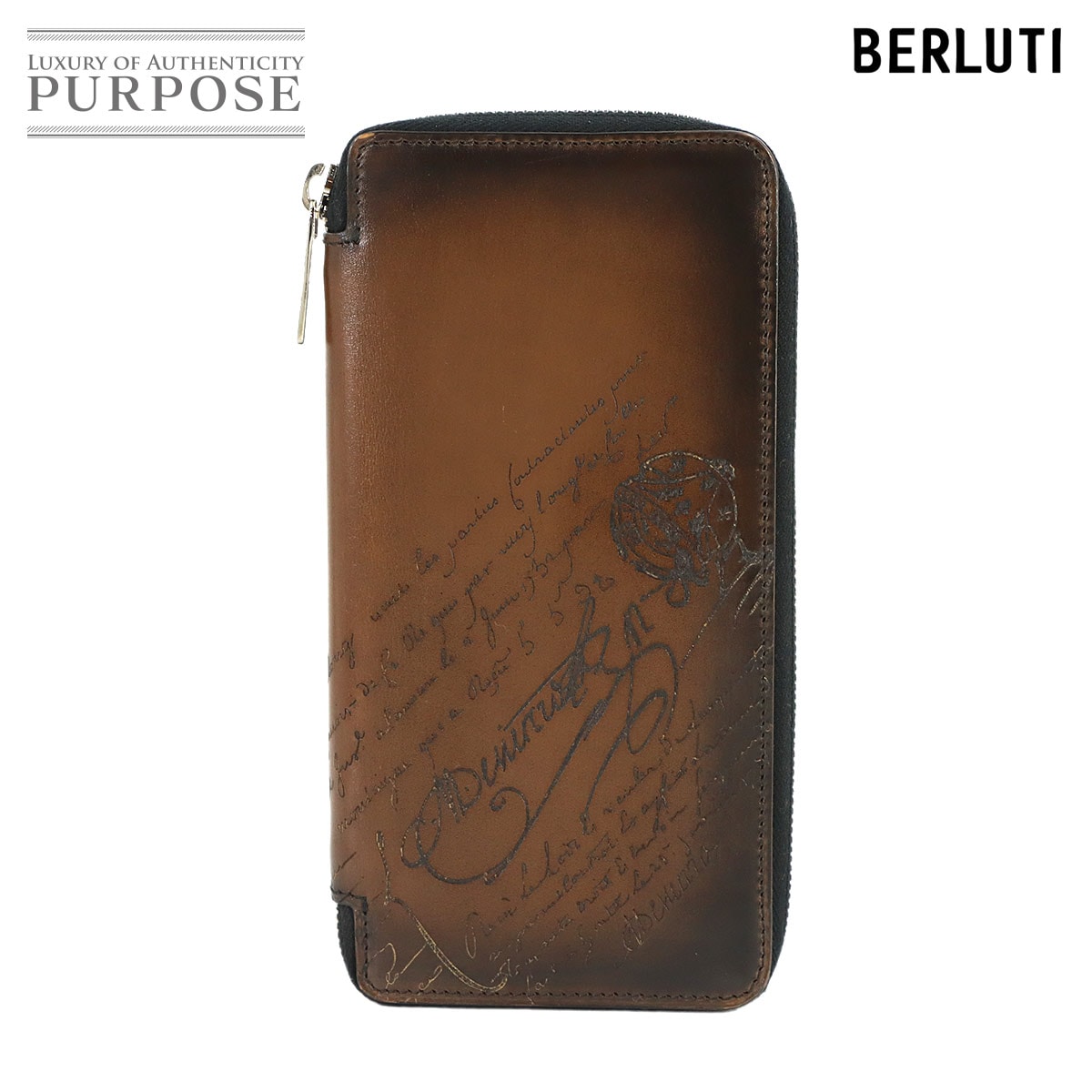 Berluti カリグラフィ イタウバ バーティカル スクリット ラウンドファスナー 長財布 ヴェネチアレザー ブラウン シルバー 金具 Long Wallet ベルルッティ 90315103