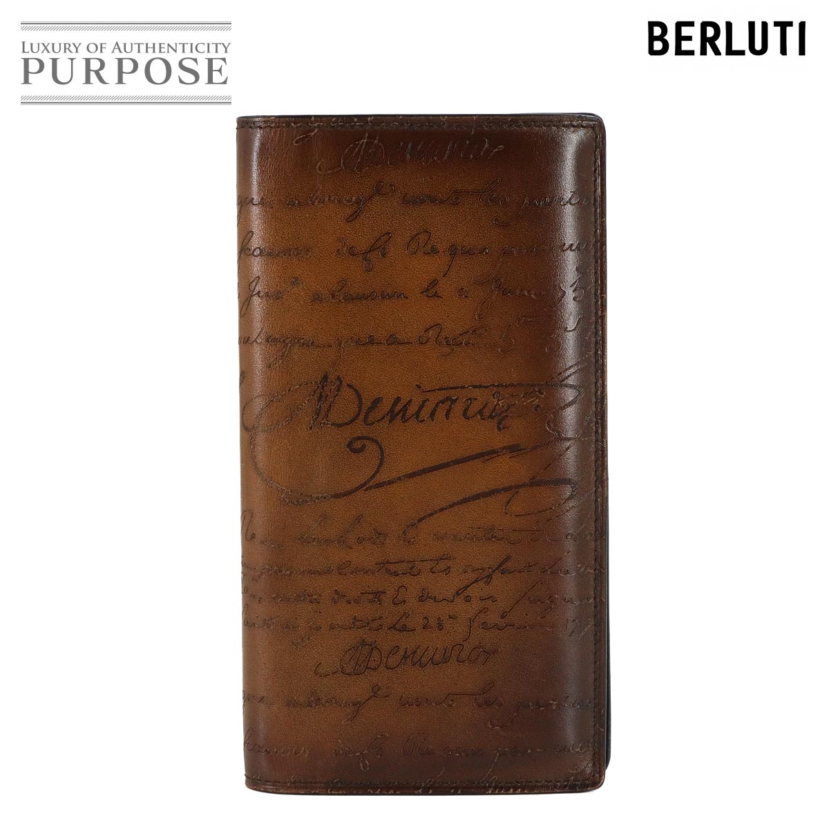 Berluti カリグラフィ 二つ折り 長財布 ヴェネチアレザー シルバー 金具 ブラウン Wallet ベルルッティ 90318229