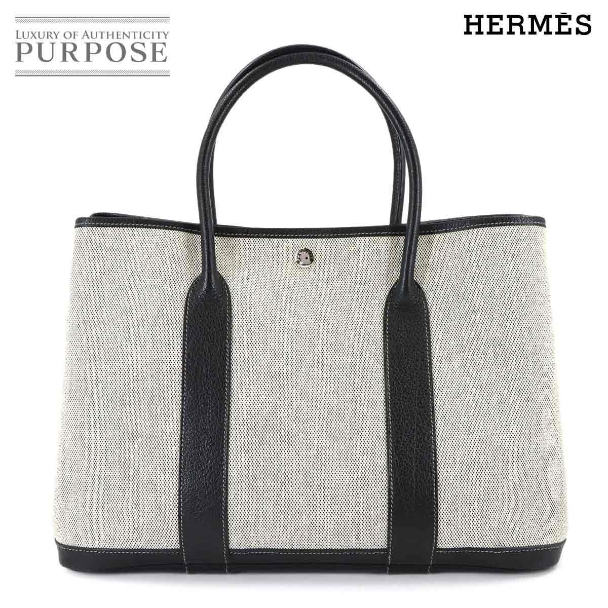 HERMES ガーデンパーティ 36 PM トート バッグ トワルアッシュ レザー ブラック グレー □J刻印 Garden Party PM エルメス 90318209