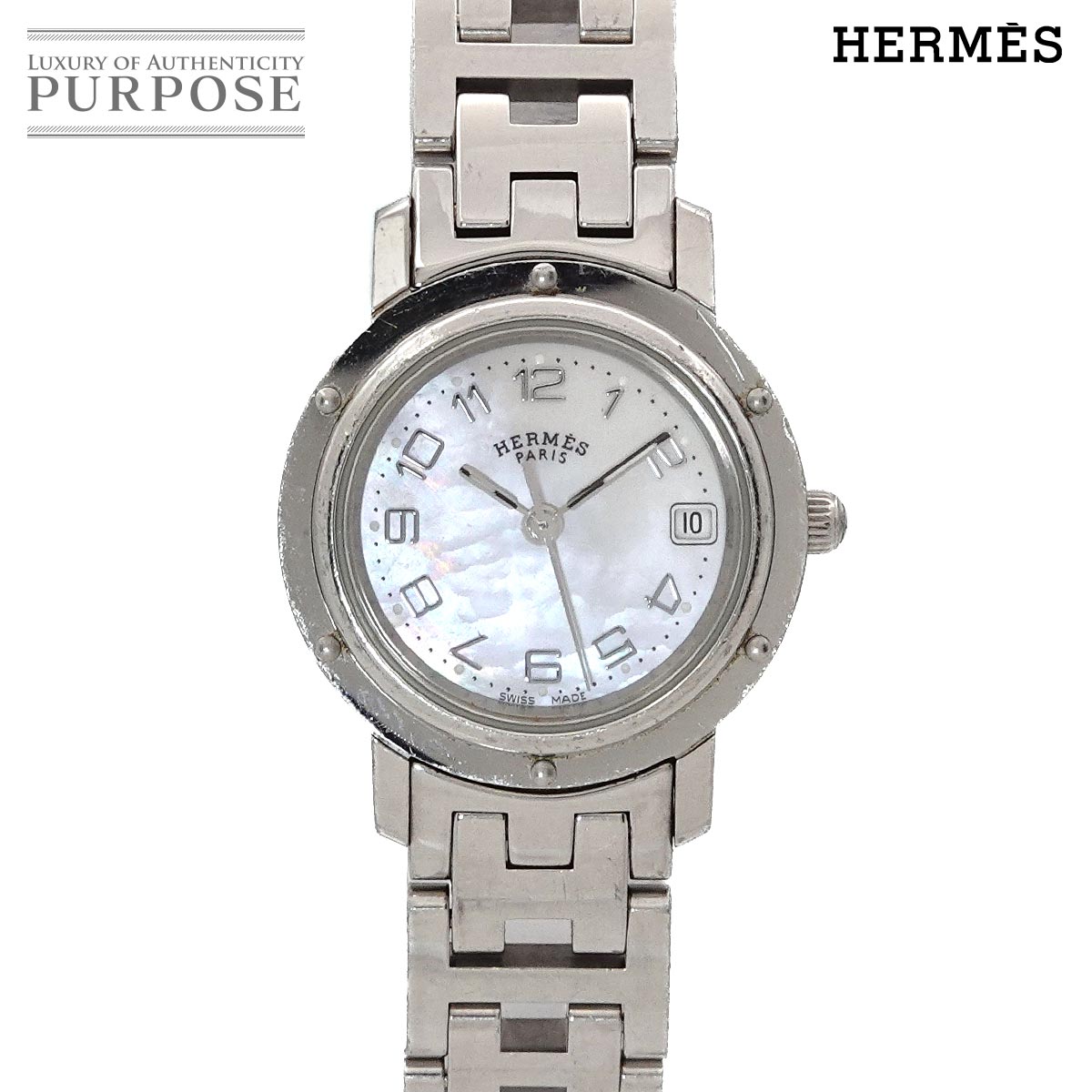 HERMES クリッパー CL4 210 ヴィンテージ レディース 腕時計 デイト ホワイトシェル クォーツ ウォッチ Clipper エルメス 90317079