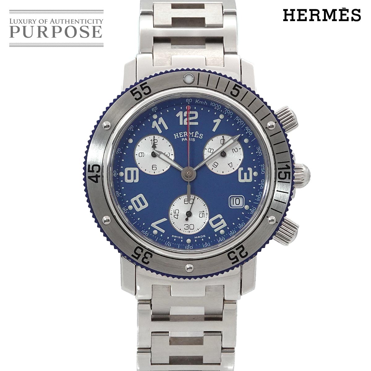 HERMES クリッパー ダイバー クロノグラフ CL2 917 メンズ 腕時計 デイト ブルー クォーツ ウォッチ エルメス 90319311