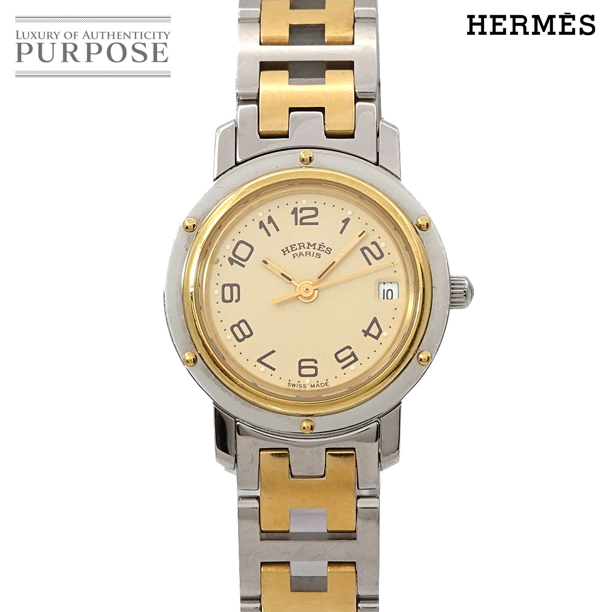 HERMES クリッパー コンビ CL4 220 ヴィンテージ レディース 腕時計 デイト アイボリー クォーツ ウォッチ Clipper エルメス 90320061