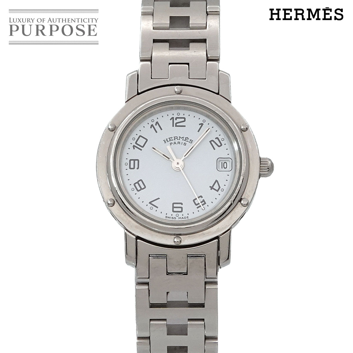 HERMES クリッパー CL4 210 ヴィンテージ レディース 腕時計 デイト ホワイト クォーツ ウォッチ Clipper エルメス 90320981