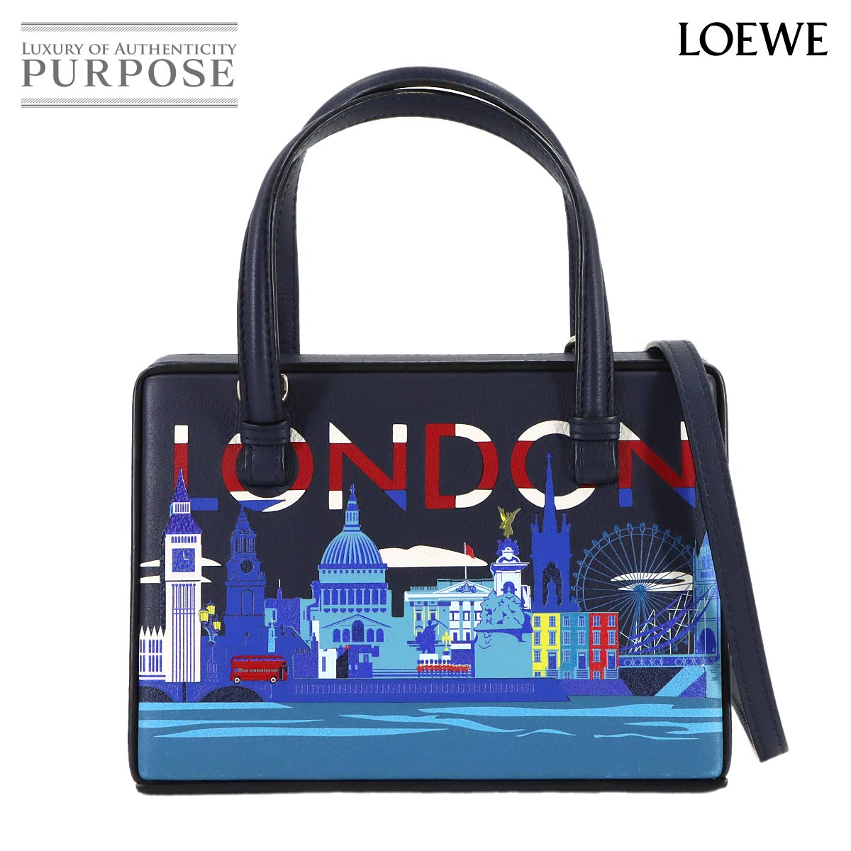 LOEWE ポスタル スモール シティ ロンドン 2way ハンド ショルダー バッグ レザー ネイビー マルチカラー シルバー 金具 Postal Bag ロエベ 90318867