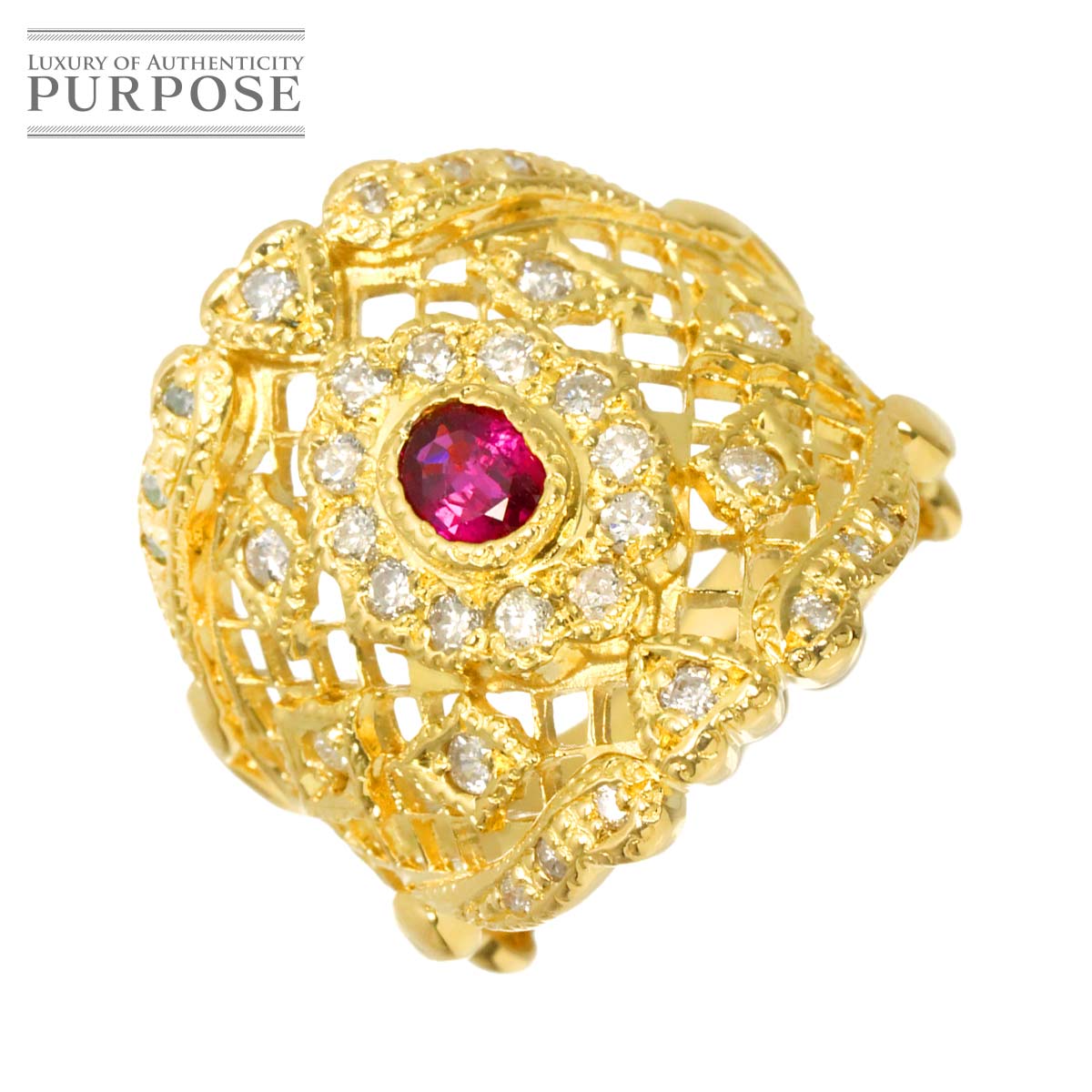 リング 11.5号 ルビー 0.41ct ダイヤ 0.41ct K18 YG イエローゴールド 750 指輪 Ruby Ring 90318118