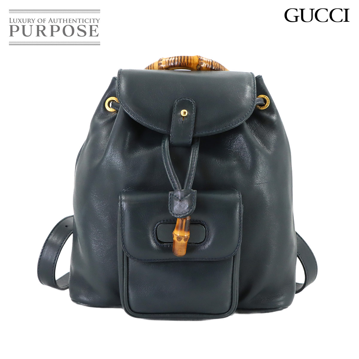 GUCCI バンブー バックパック リュックサック レザー ネイビー ゴールド 金具 003 2034 0030 Bamboo Backpack グッチ 90318044