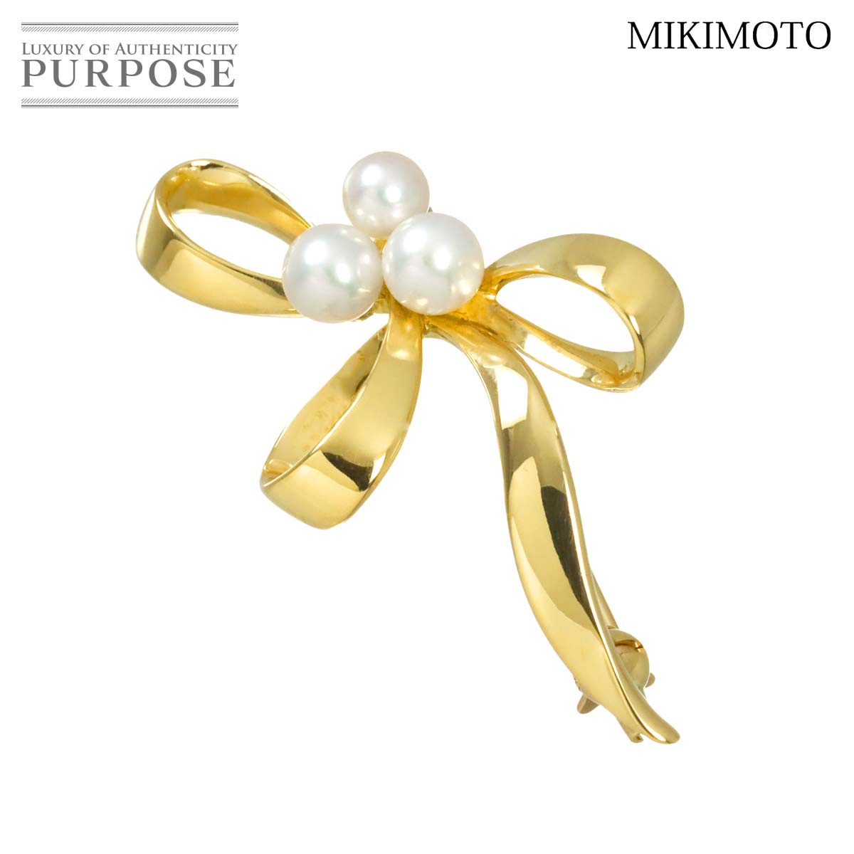 MIKIMOTO アコヤ真珠 4.6-4.1mm ブローチ K18 YG イエローゴールド 750 パール リボン Brooch ミキモト 90315763