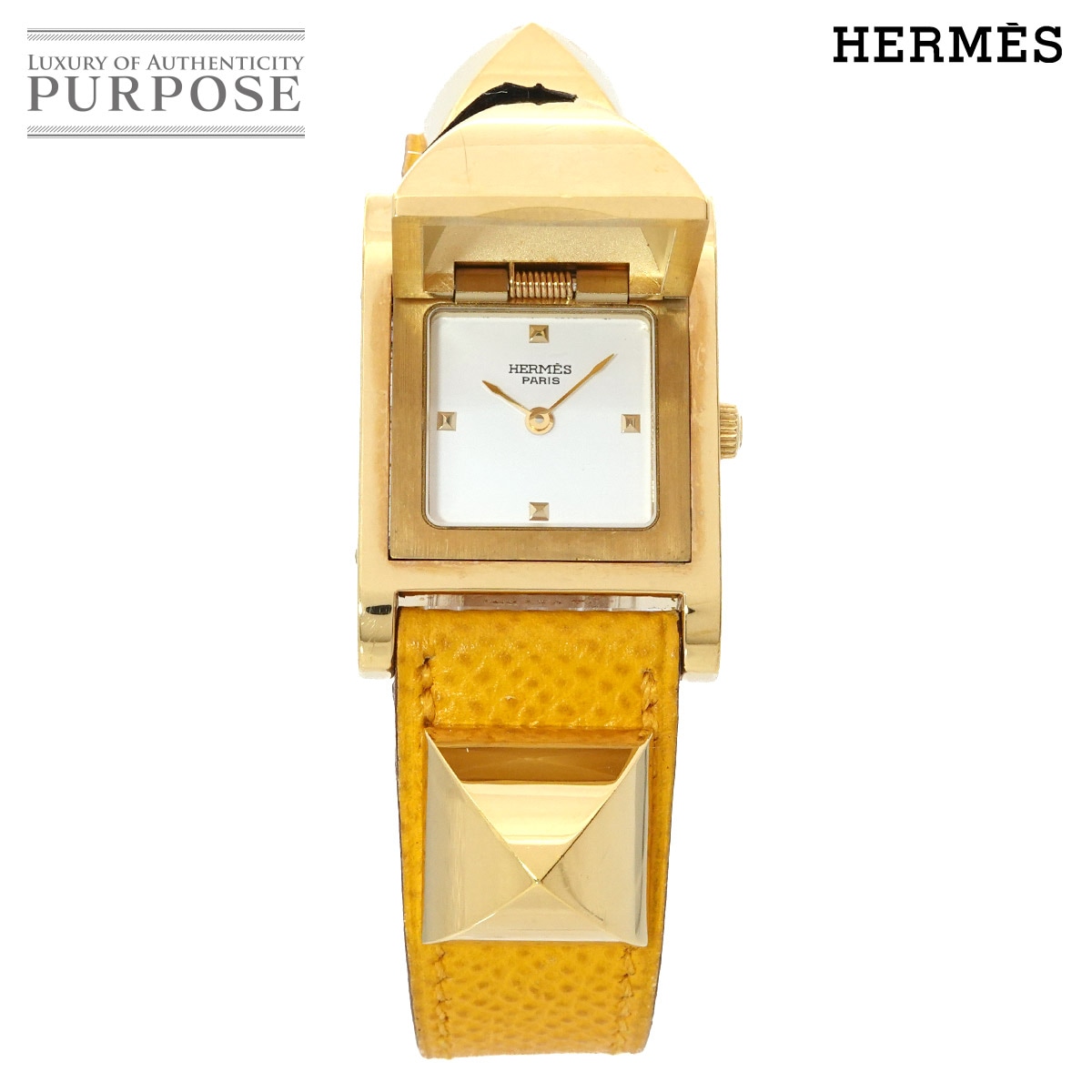HERMES メドール ヴィンテージ レディース 腕時計 ピラミッド ゴールド スタッズ ホワイト イエロー レザー クォーツ ウォッチ Medor エルメス 90321255