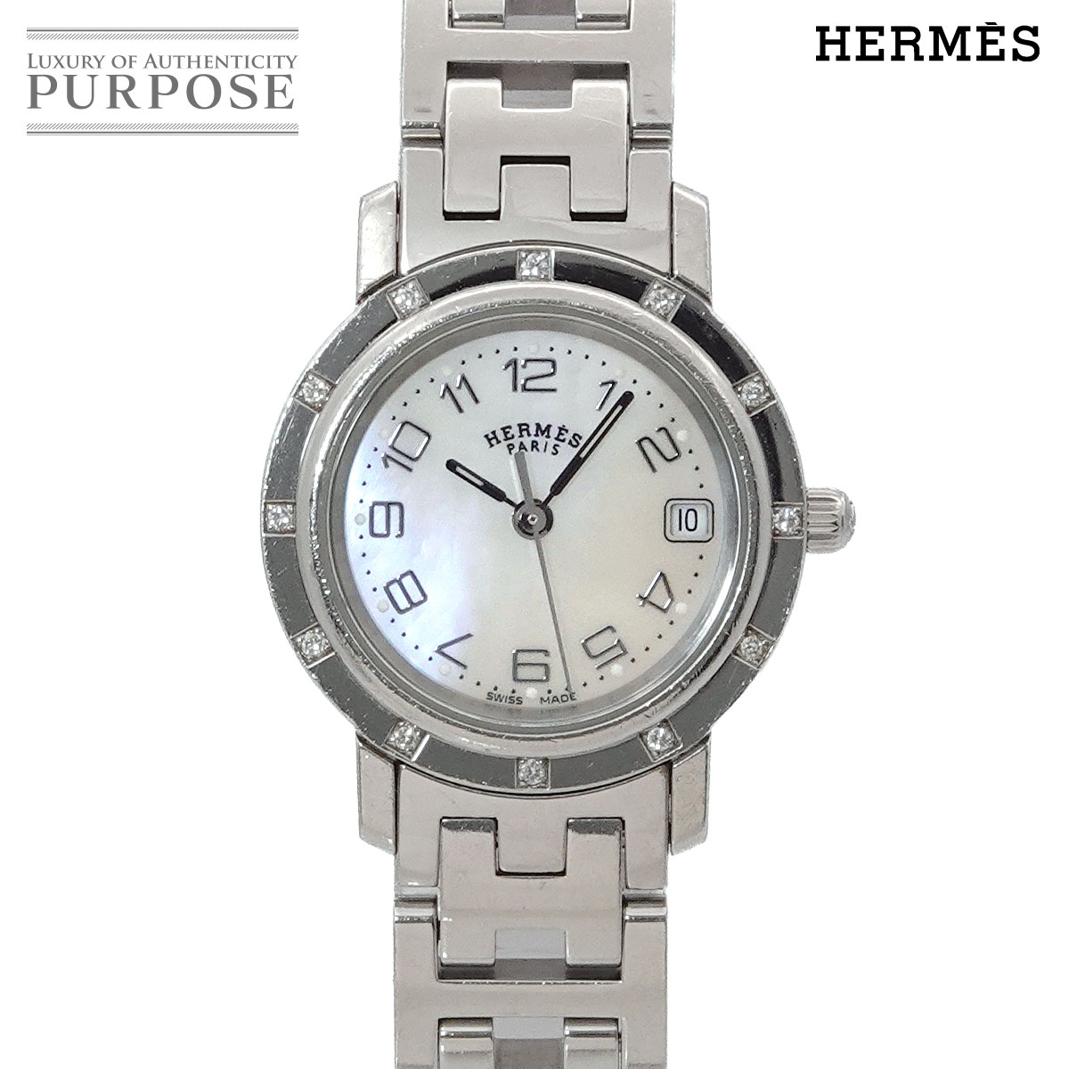 HERMES クリッパー ナクレ CL4 230 レディース 腕時計 12P ダイヤ ベゼル ホワイトシェル クォーツ ウォッチ エルメス 90321793