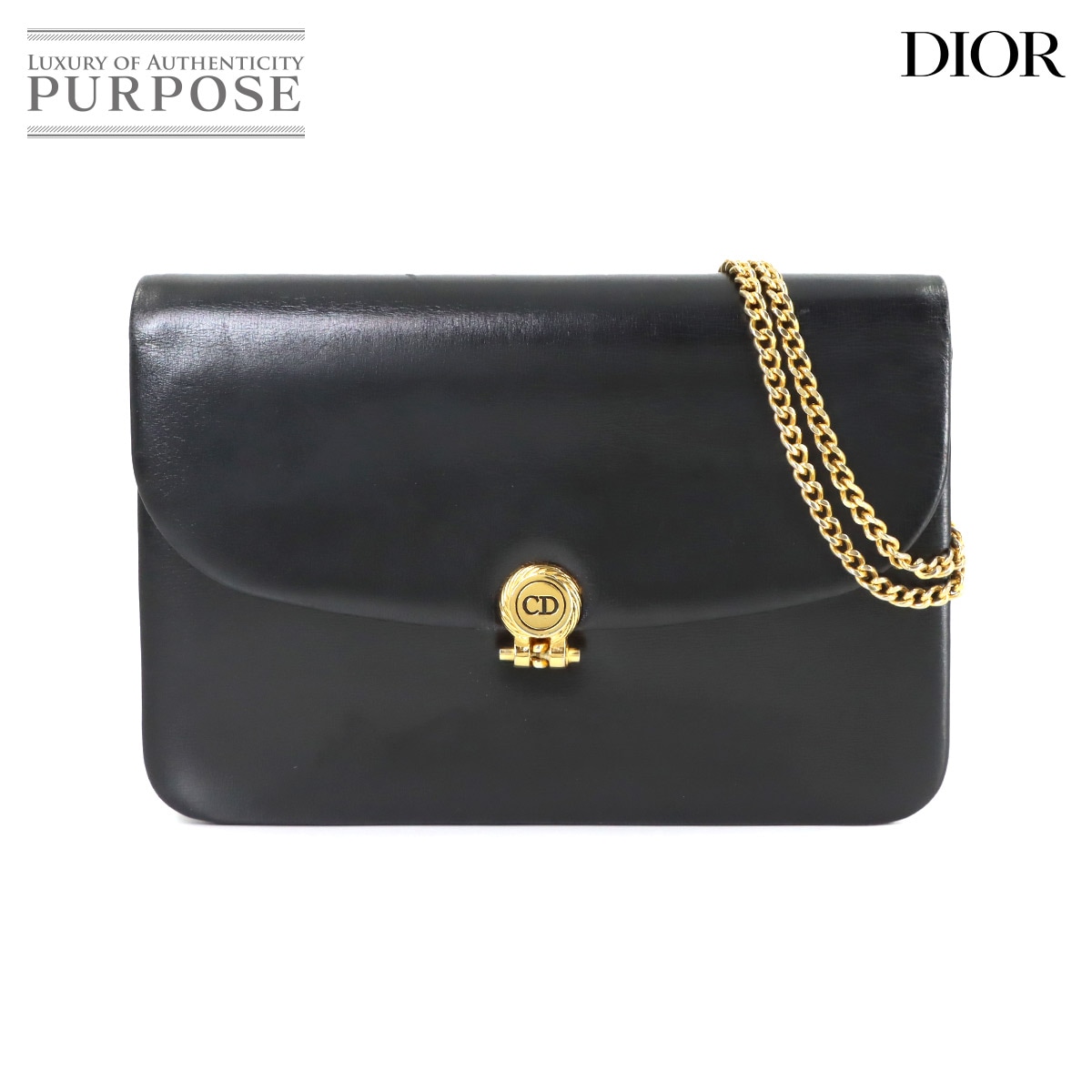 Christian Dior チェーン ショルダー バッグ レザー ブラック ゴールド 金具 ヴィンテージ Chain Shoulder Bag クリスチャン ディオール 90316185