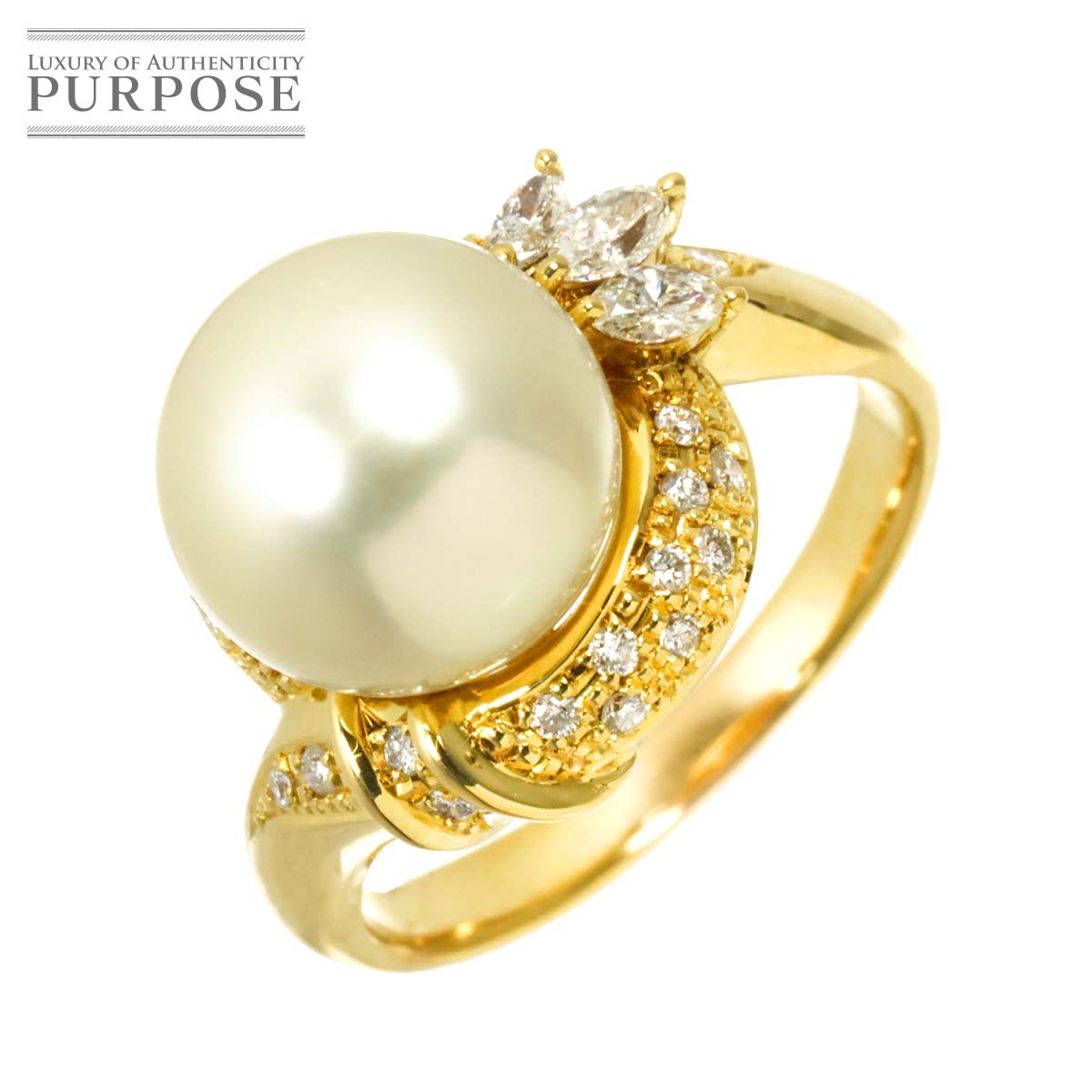 リング 17号 白蝶真珠 11.1mm ダイヤ 0.41ct K18 YG イエローゴールド 750 指輪 【鑑別カード付き】 Pearl Ring 90316426
