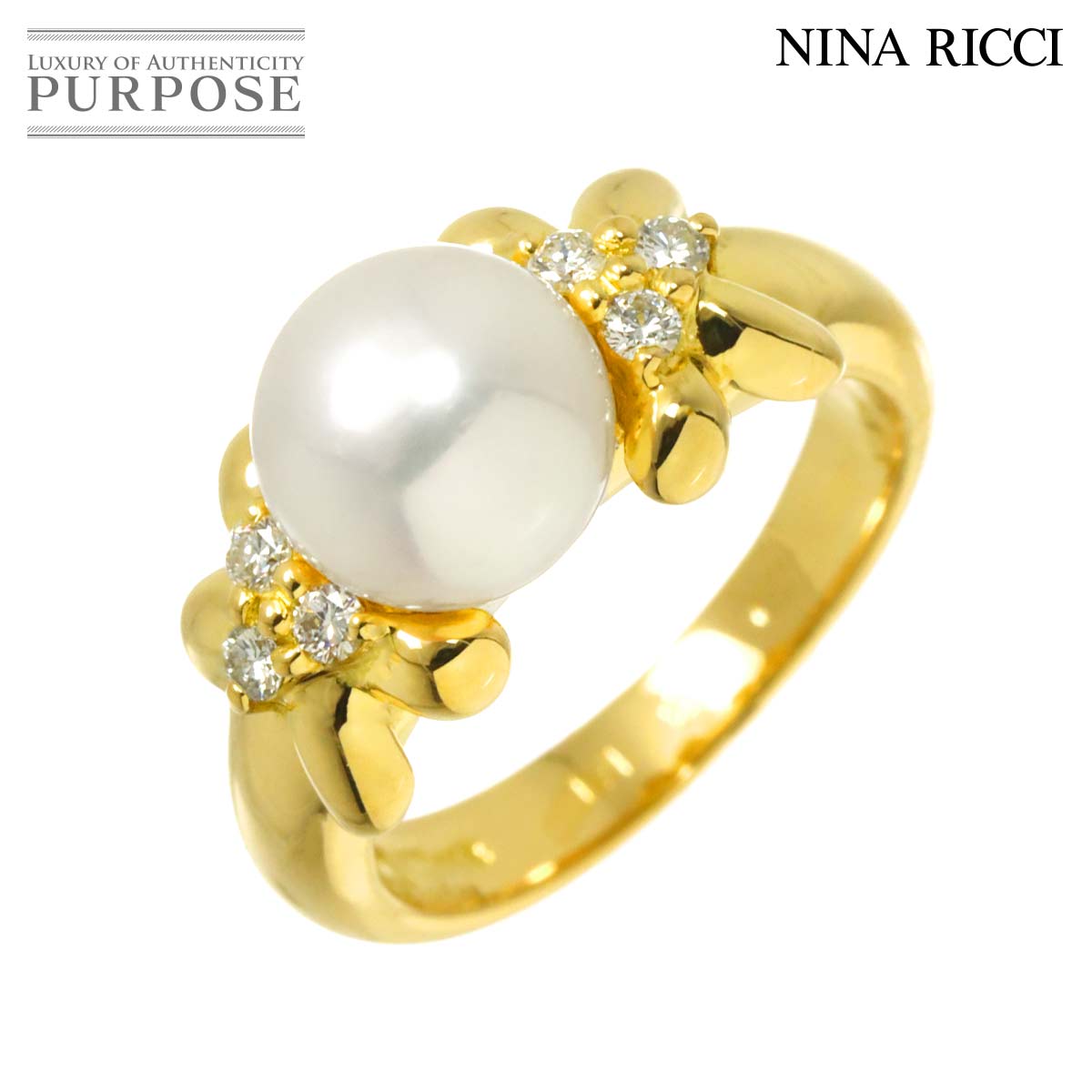 NINA RICCI 7号 リング アコヤ真珠 7.6mm ダイヤ K18 YG イエローゴールド 750 指輪 Akoya Pearl Ring ニナリッチ 90314652