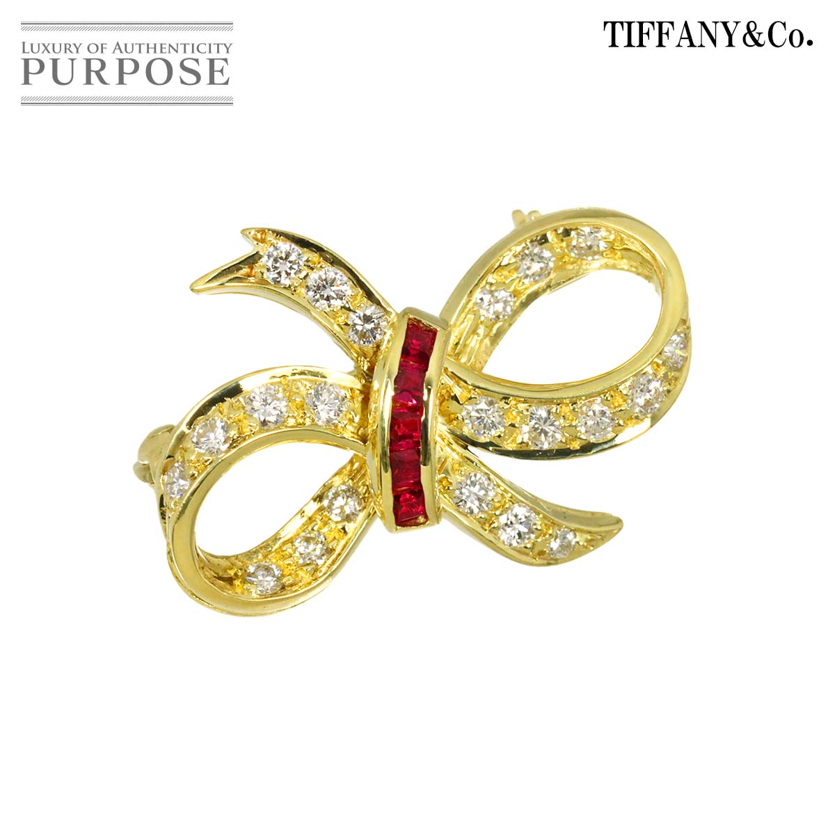 TIFFANY&Co. ダイヤ ルビー ブローチ K18 YG イエローゴールド 750 リボン Diamond Brooch ティファニー 90317587