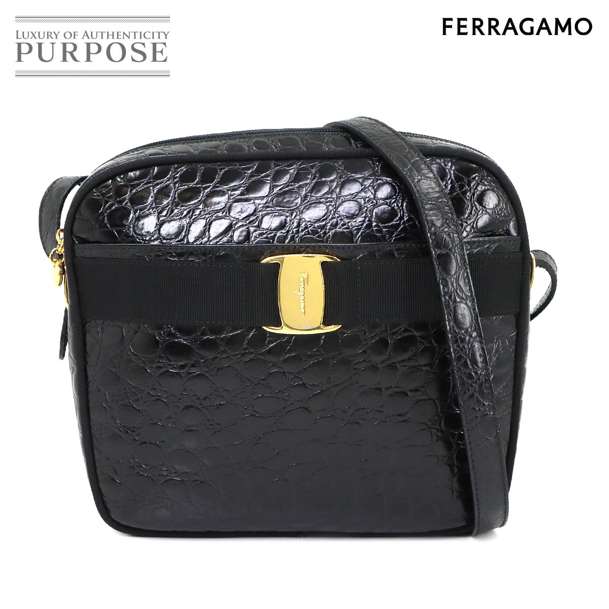 Salvatore Ferragamo ヴァラ リボン ショルダー バッグ クロコ型押し レザー ブラック Vara Shoulder Bag サルヴァトーレ フェラガモ 90318040