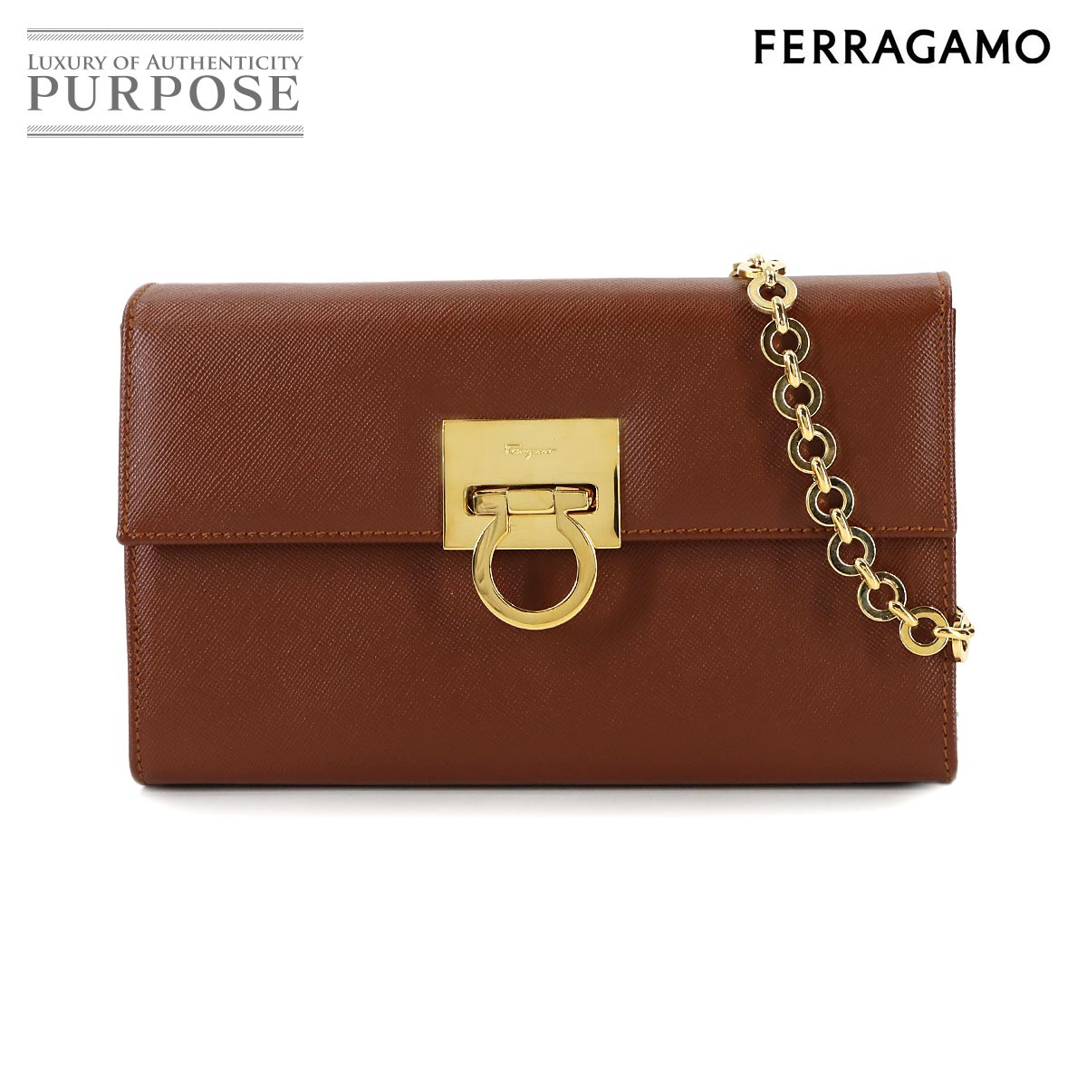 Salvatore Ferragamo ガンチーニ チェーン ショルダー バッグ レザー ブラウン 21-9329 Gancini Bag サルヴァトーレ フェラガモ 90318849