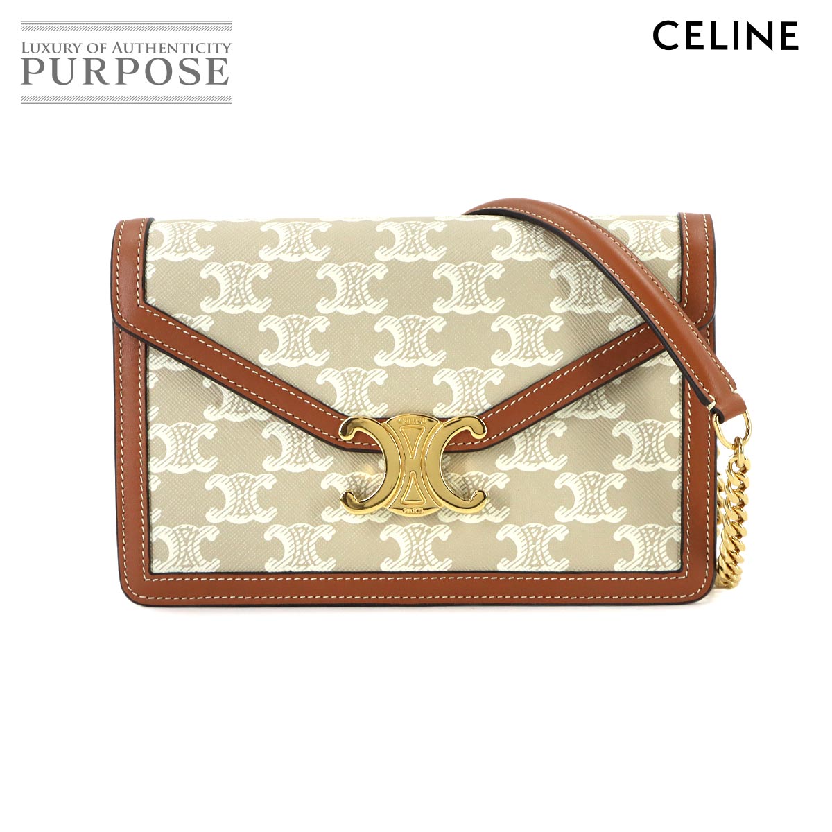 CELINE マーゴ トリオンフ チェーン ウォレット 長財布 PVC レザー ベージュ ブラウン 10L462F16 ゴールド 金具 Margo Triomphe Wallet セリーヌ 90320230