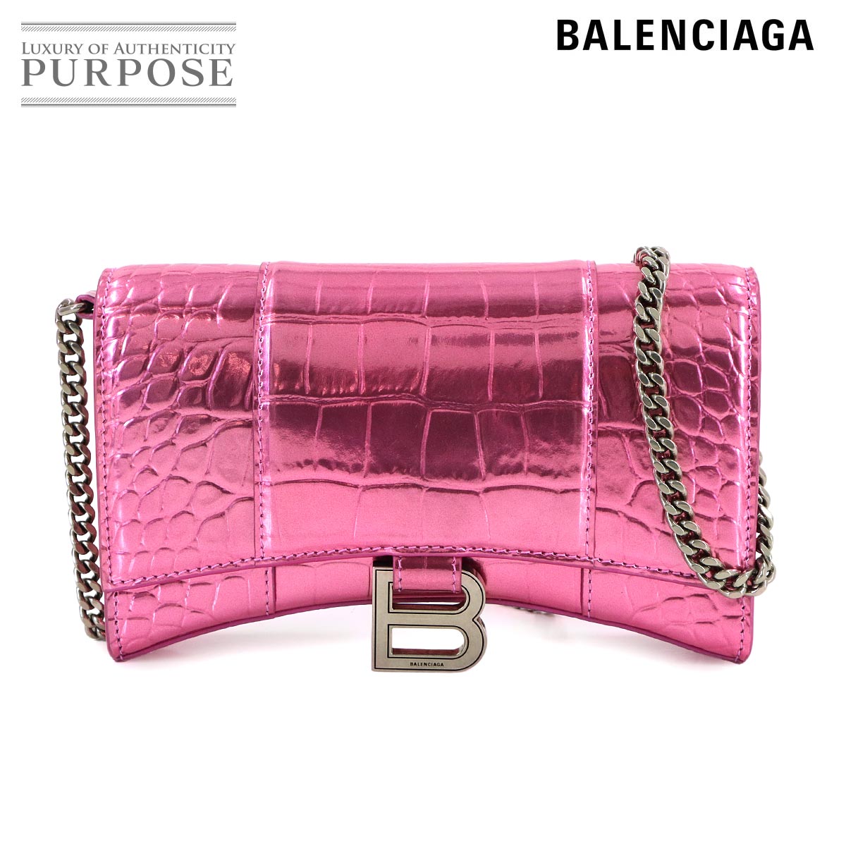 BALENCIAGA アワーグラス チェーン ウォレット 二つ折り 長財布 レザー クロコ型押し メタリックピンク 656050 シルバー 金具 Hourglass Wallet バレンシアガ 90320751