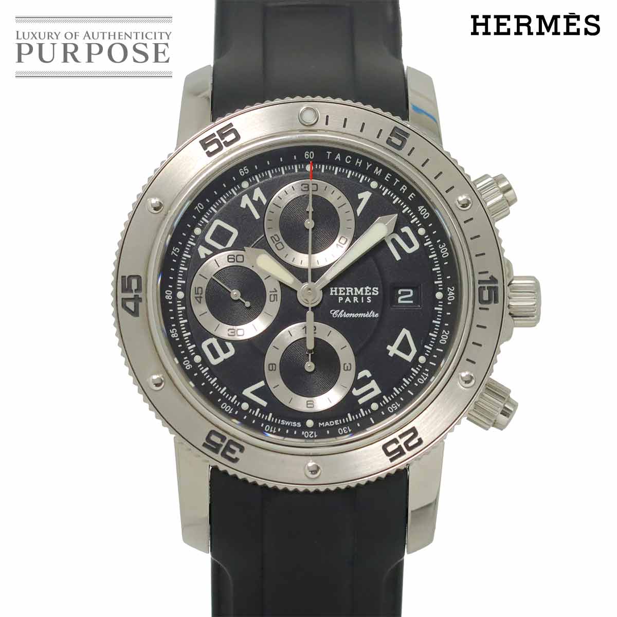 HERMES クリッパー クロノ CP2 910 メンズ 腕時計 デイト ブラック オートマ 自動巻き ウォッチ Clipper エルメス 90320256