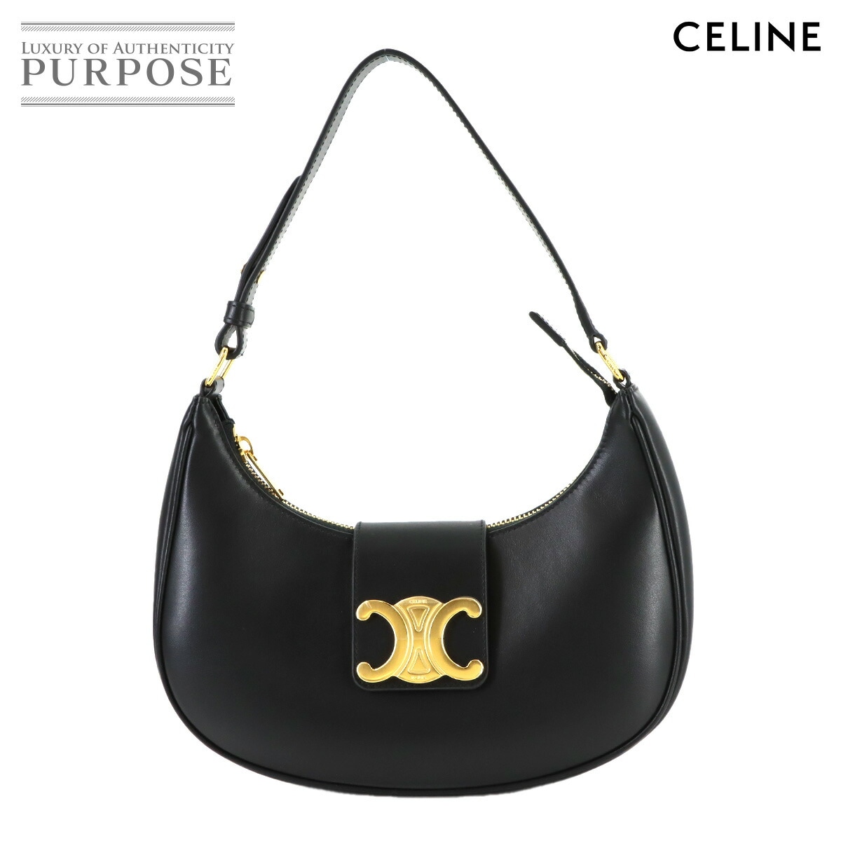 CELINE トリオンフ ミディアム アヴァ ショルダー バッグ レザー ブラック 114493DGQ ゴールド 金具 Medium Ava セリーヌ 90319753
