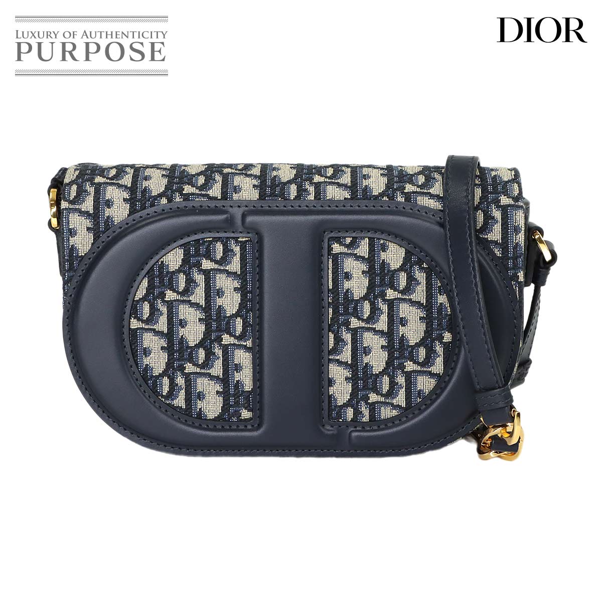 Christian Dior オブリーク CDシグネチャー チェーン ショルダー バッグ キャンバス レザー ネイビー CD Signature Shoulder Bag クリスチャン ディオール 90320210