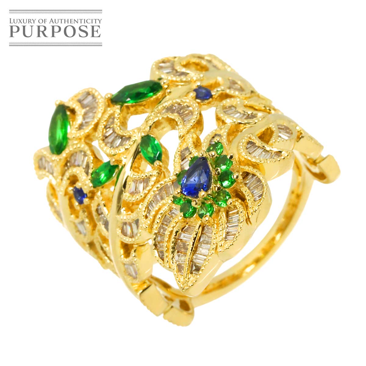 リング 16.5号 サファイヤ 0.18ct ダイヤ 1.23ct ガーネット 0.56ct K18 YG イエローゴールド 750 指輪 Sapphire Ring 90317128
