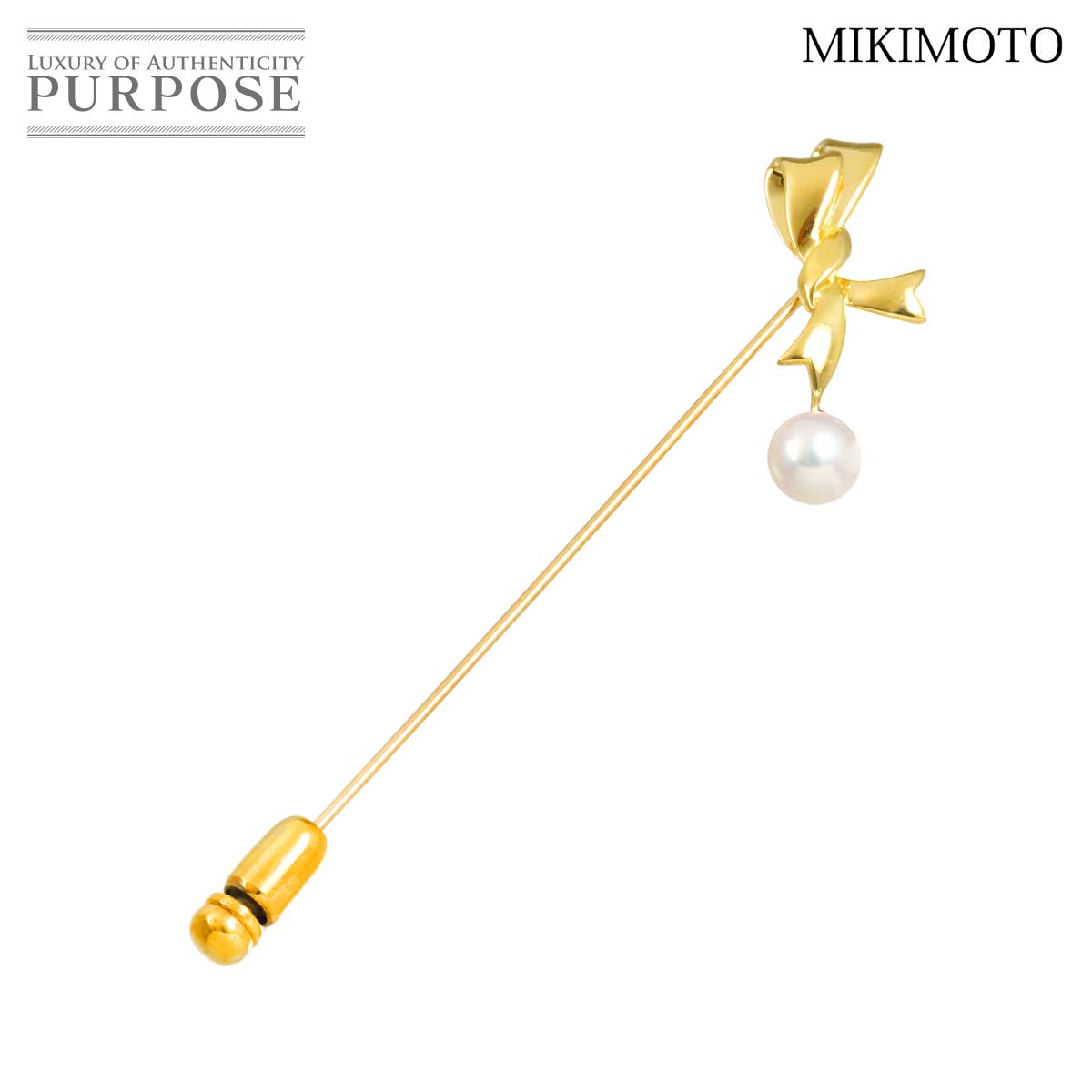 MIKIMOTO アコヤ真珠 6.3mm ピンブローチ K18 YG イエローゴールド 750 パール リボン Brooch ミキモト 90318437
