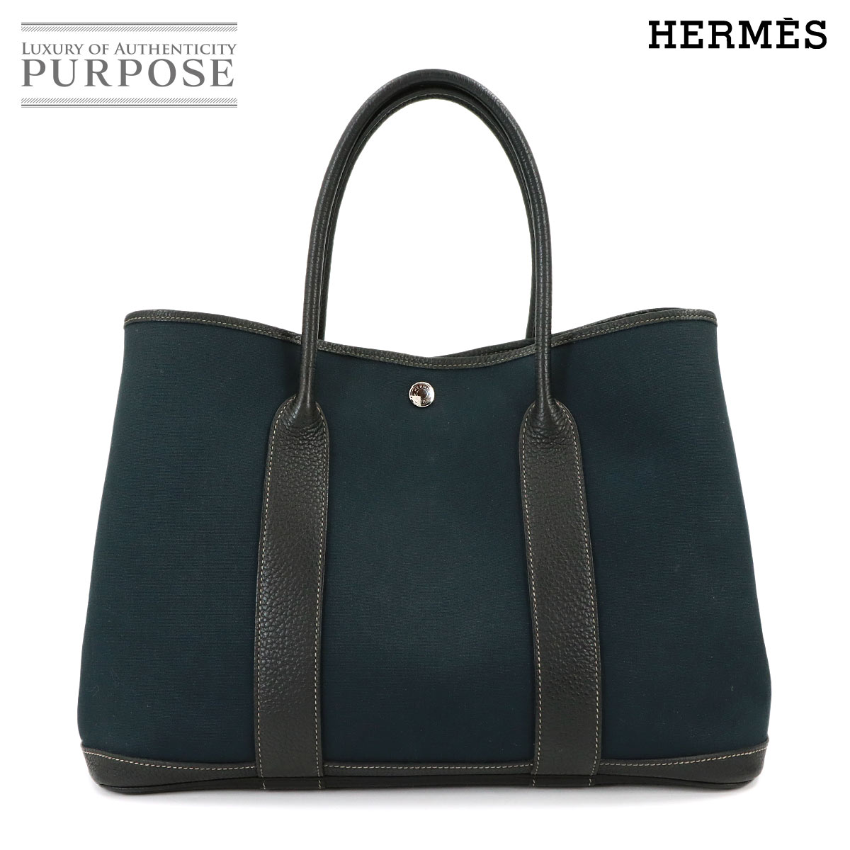 HERMES ガーデンパーティ 36 PM トート バッグ トワルオフィシェ レザー ネイビー □O刻印 Garden Party PM エルメス 90319771
