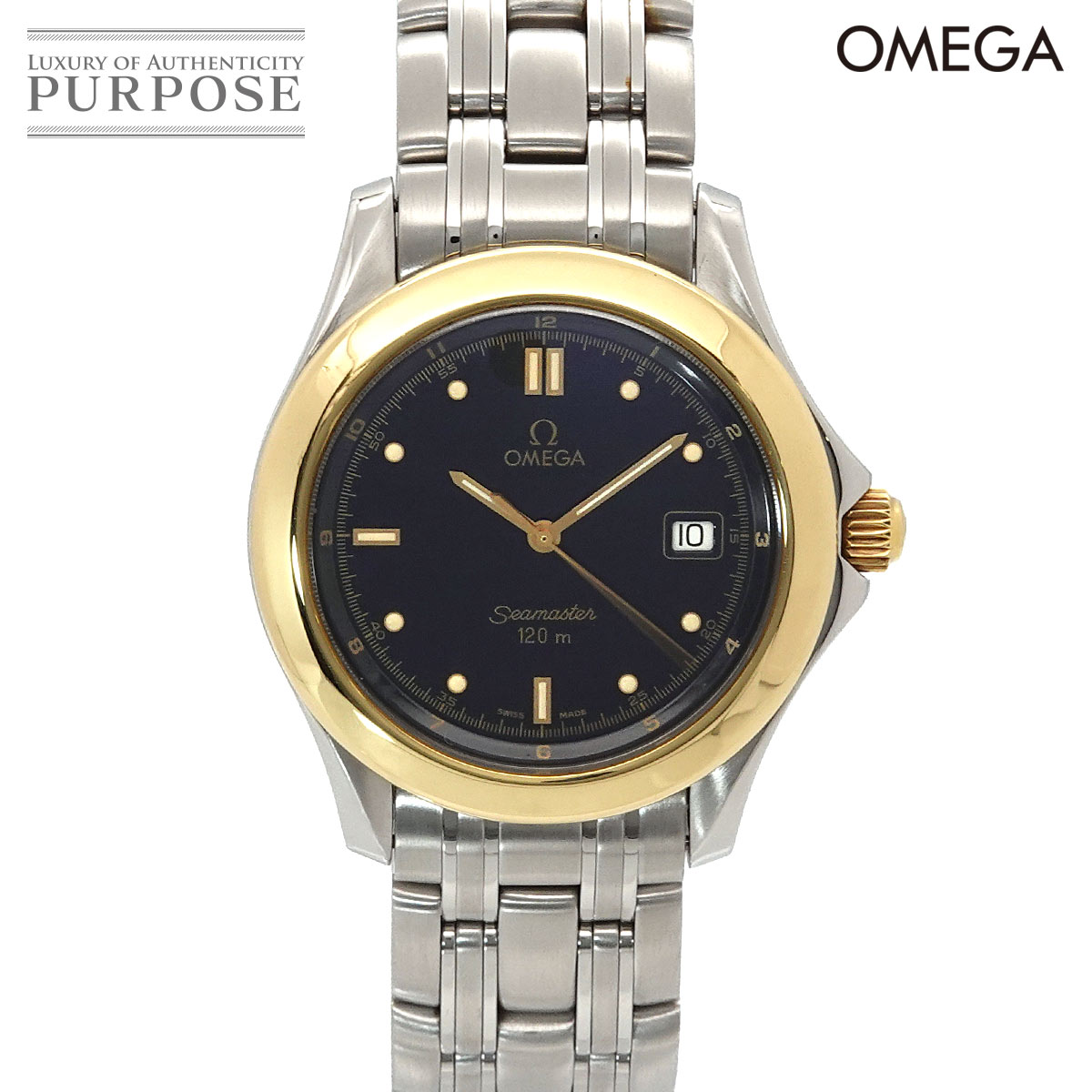 OMEGA シーマスター120 コンビ 2411 50 ヴィンテージ メンズ 腕時計 デイト ブラック YG イエローゴールド クォーツ ウォッチ Seamaster オメガ 90315464