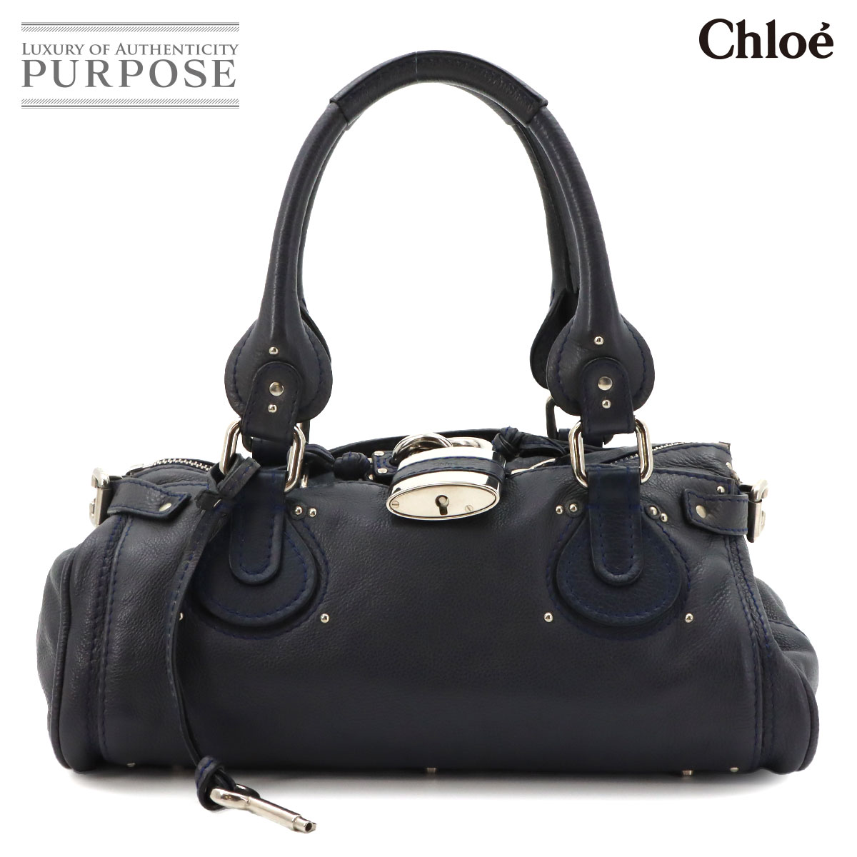 Chloe パディントン ハンド バッグ レザー ネイビー シルバー 金具 Paddington Bag クロエ 90318242