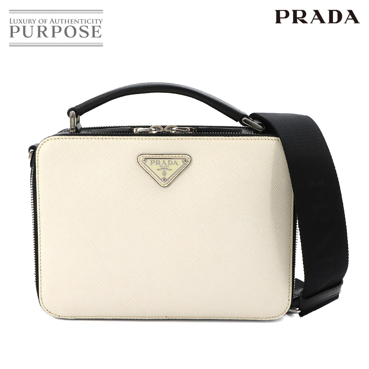 PRADA ブリック 2way ハンド ショルダー バッグ サフィアーノレザー タルコ ネロ ホワイト ブラック 2VH069 Brique Shoulder Bag プラダ 90322620
