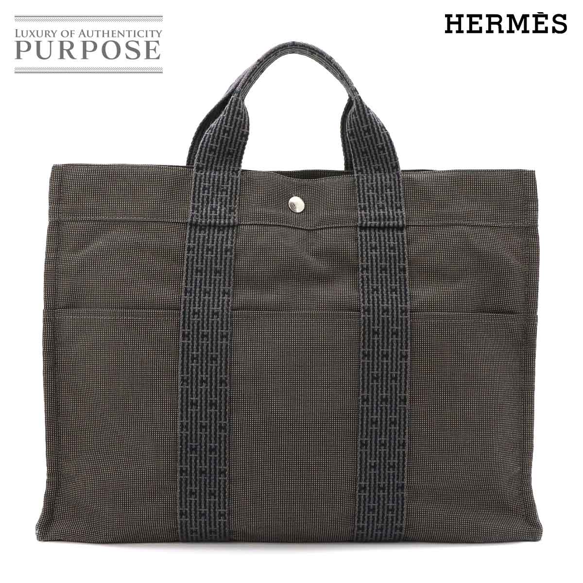 HERMES エールライン MM トート バッグ キャンバス グレー シルバー