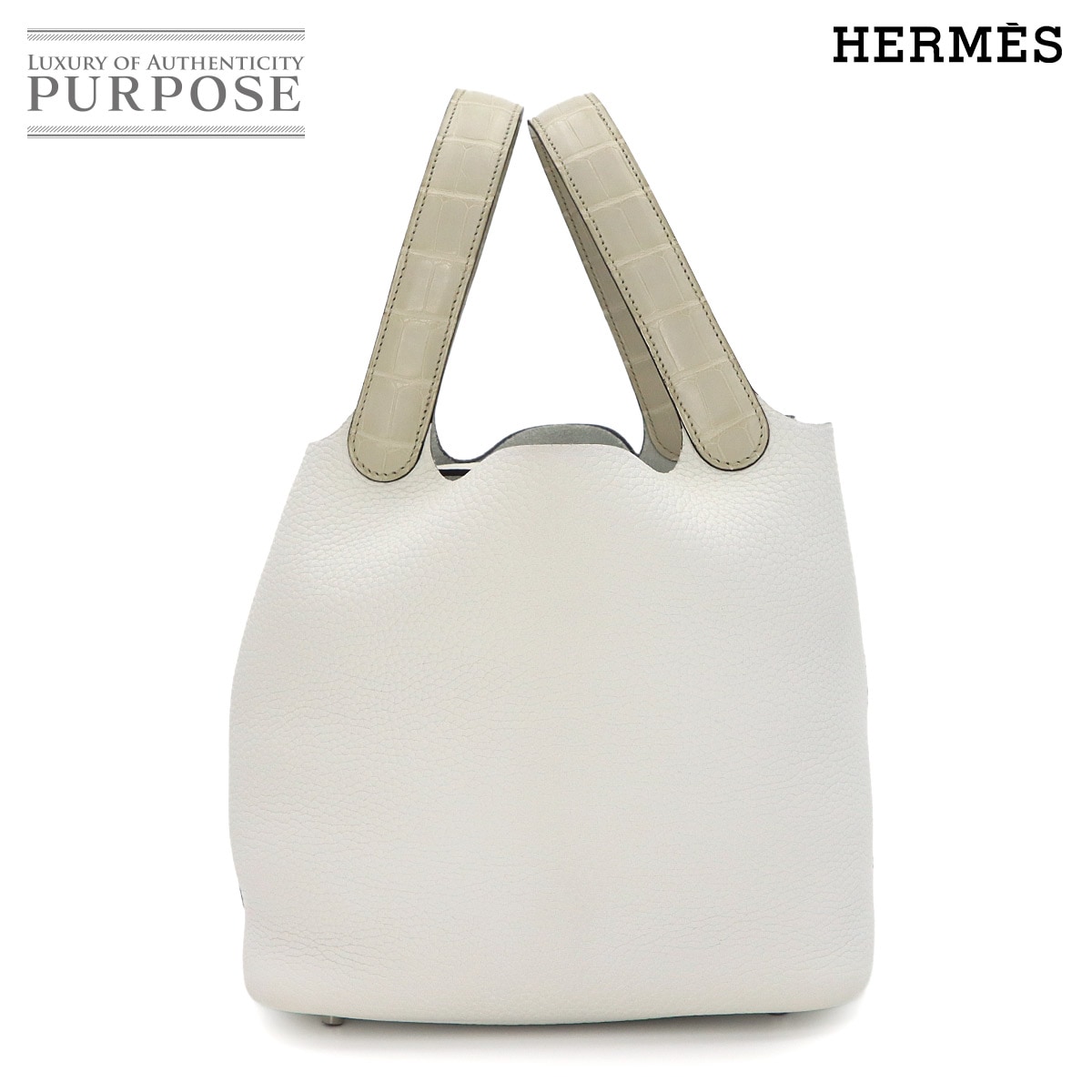 HERMES ピコタンロック タッチ 22 MM ハンド バッグ トリヨンクレマンス クロコダイル アリゲーター ニューホワイト ベトン B刻印 シルバー 金具 Picotin Lock エルメス 90324225