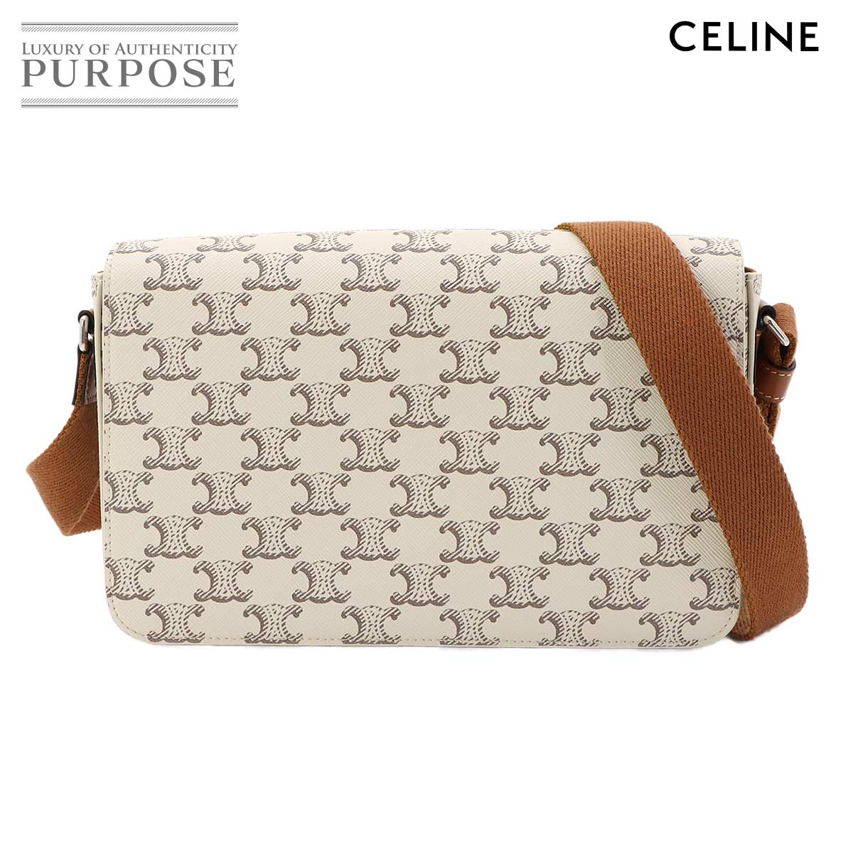 CELINE トリオンフ フラップ メッセンジャー ショルダー バッグ レザー エクリュ タン Messenger Bag セリーヌ 90318221