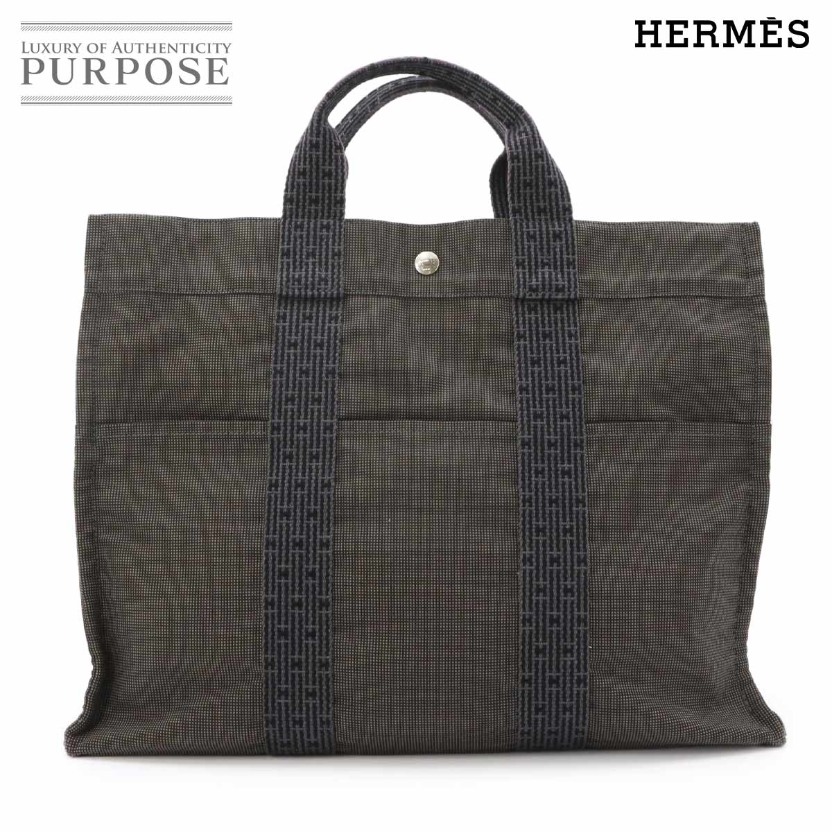 HERMES エールライン MM トート バッグ キャンバス グレー シルバー 金具 Herline Tote MM エルメス 90321813