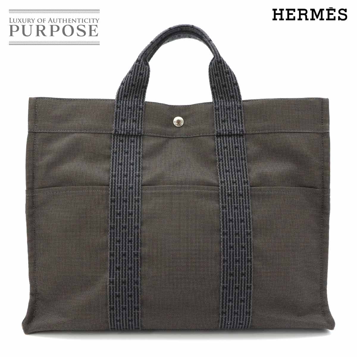 HERMES エールライン MM トート バッグ キャンバス グレー シルバー 金具 Herline Tote MM エルメス 90321814