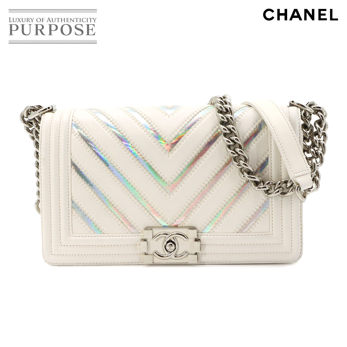 CHANEL ボーイシャネル チェーン ショルダー バッグ レザー ホワイト A67086 シェブロン Vステッチ シルバー 金具 Boy Chanel Bag シャネル 90324981