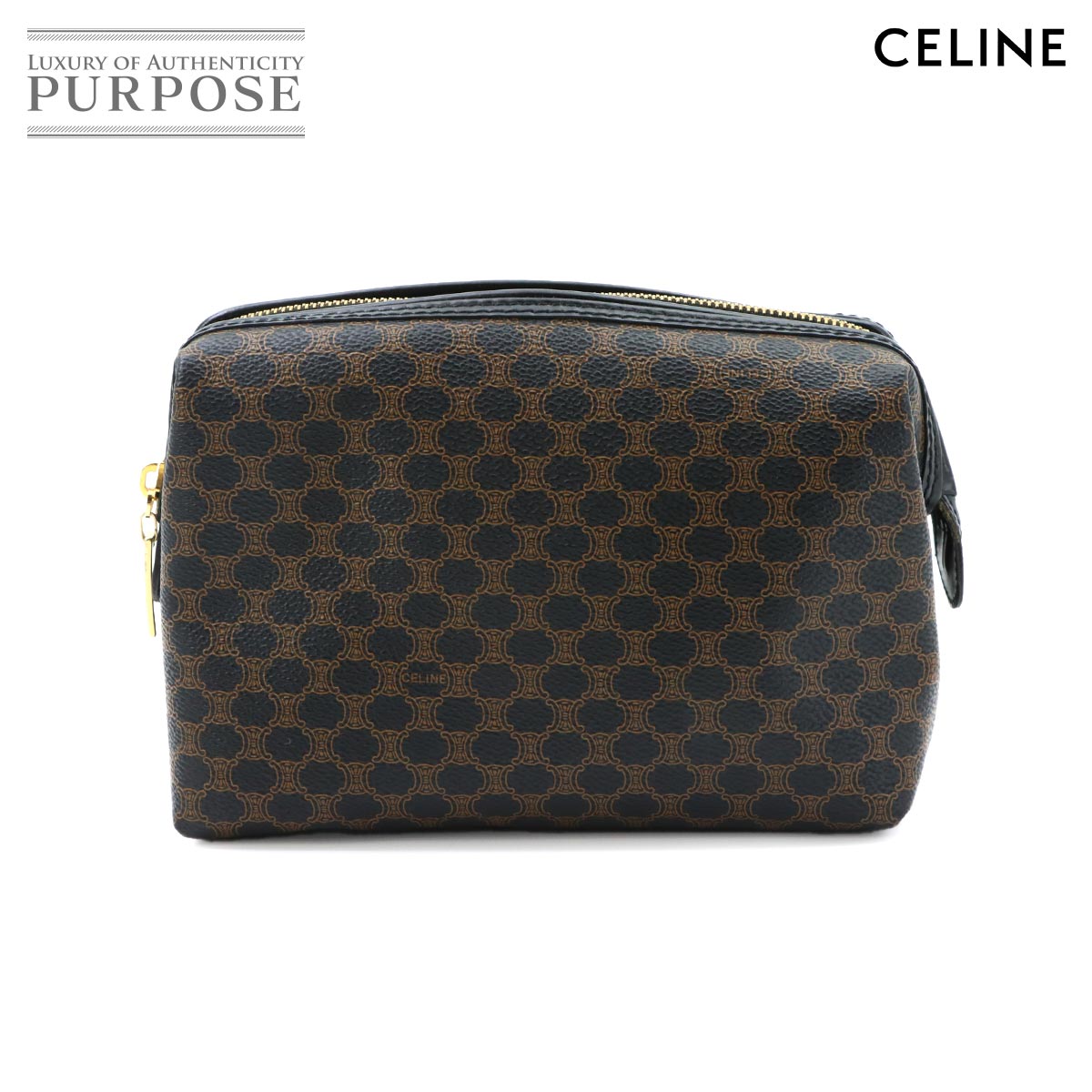 CELINE マカダム ポーチ PVC レザー ブラック ゴールド 金具 ヴィンテージ Macadam Pouch セリーヌ 90325027