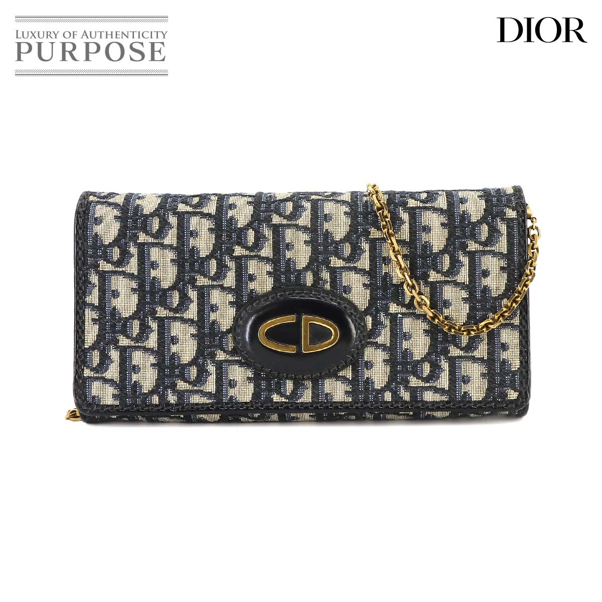 Christian Dior オブリーク チェーン ウォレット 二つ折り 長財布 キャンバス レザー ネイビー Chain Wallet クリスチャン ディオール 90224048