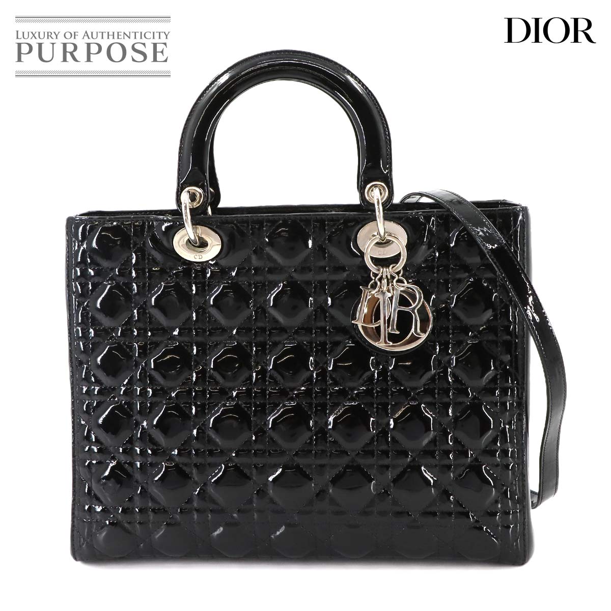 Chiristian Dior カナージュ レディディオール ラージ 2way ハンド ショルダー バッグ エナメル ブラック Lady Dior Bag クリスチャン ディオール 90296003