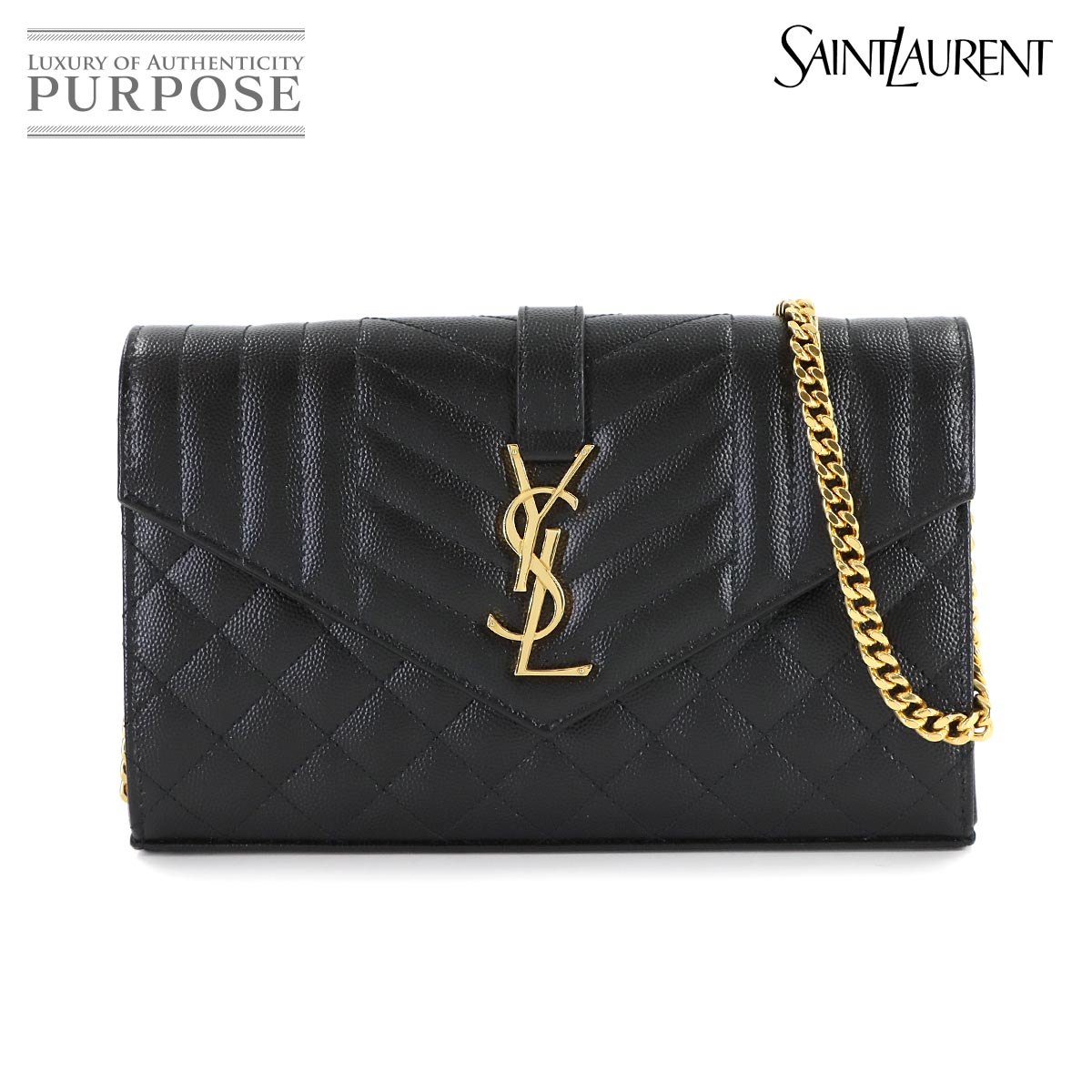 SAINT LAURENT カサンドラ エンベロープ チェーン ウォレット 長財布 レザー ブラック 620280 ゴールド 金具 Cassandre Chain Wallet サンローラン 90309259